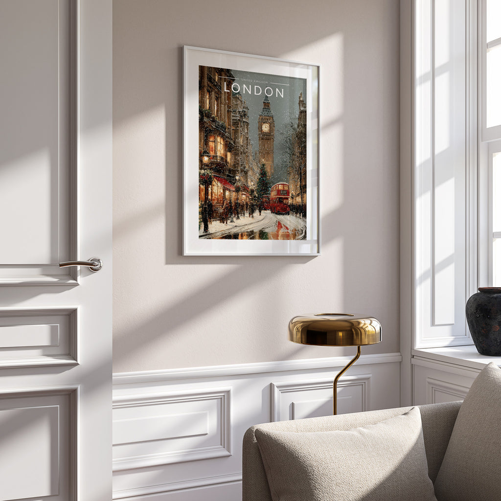 London Travel Poster in a white frame on a panelled wall