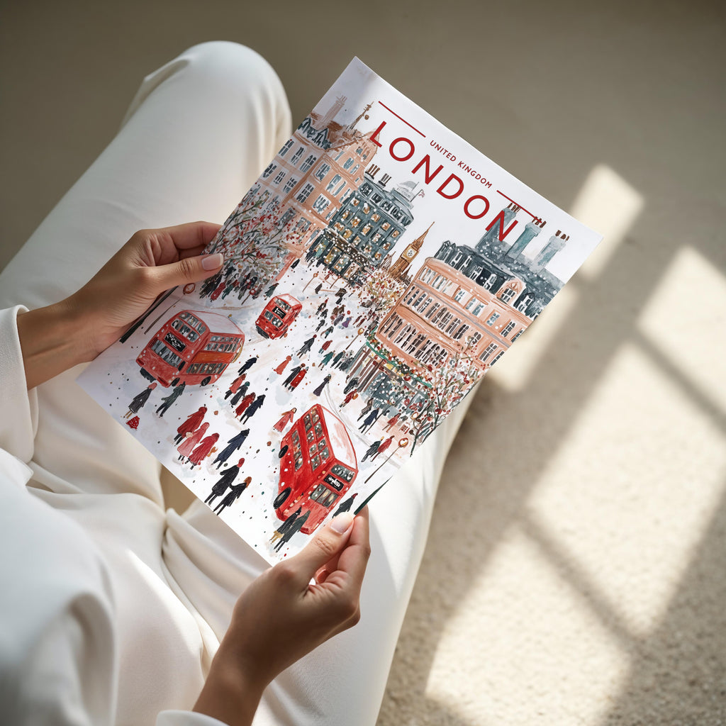 London #2 Travel Poster - A4 print held in hand