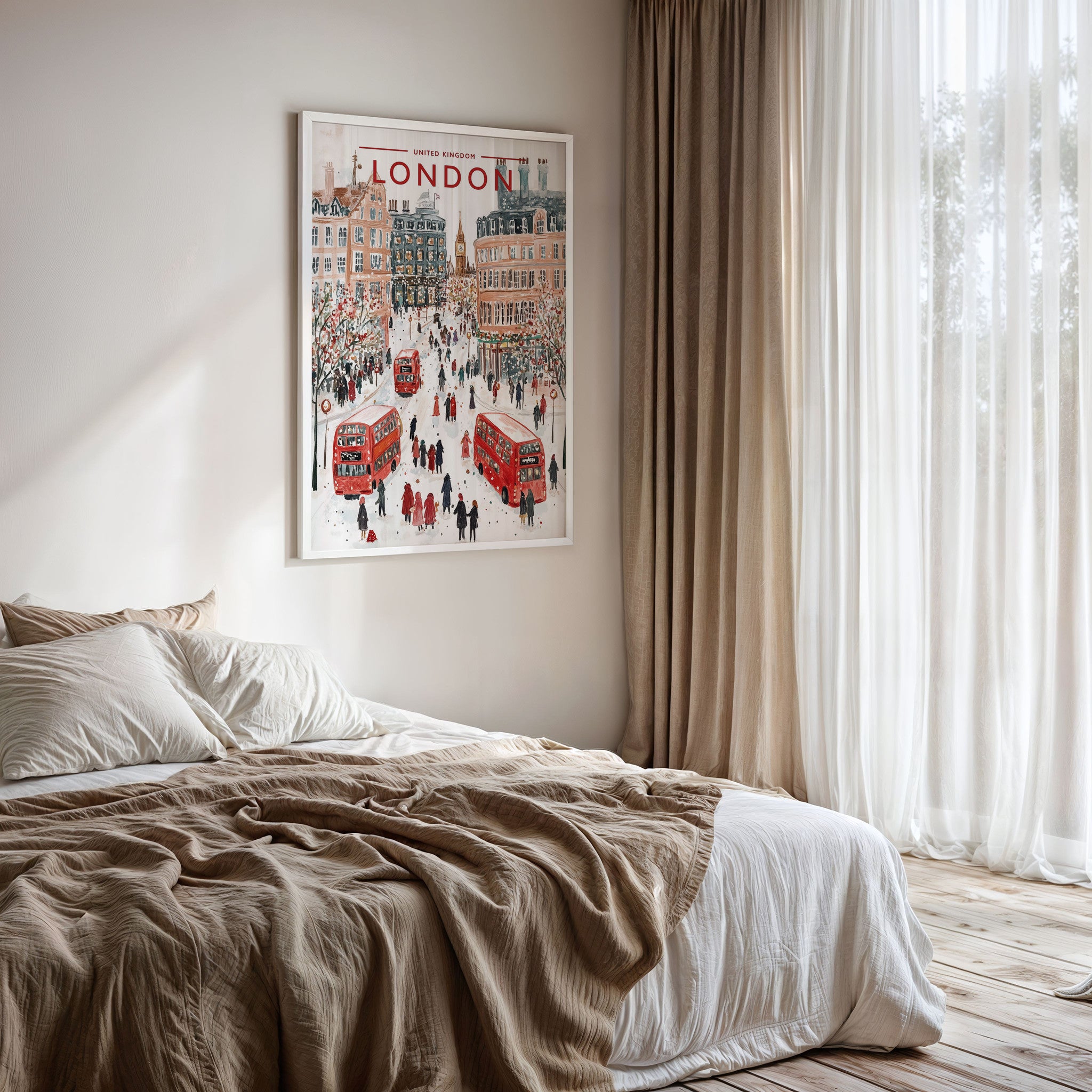 London #2 Travel Poster framed on a bedroom wall