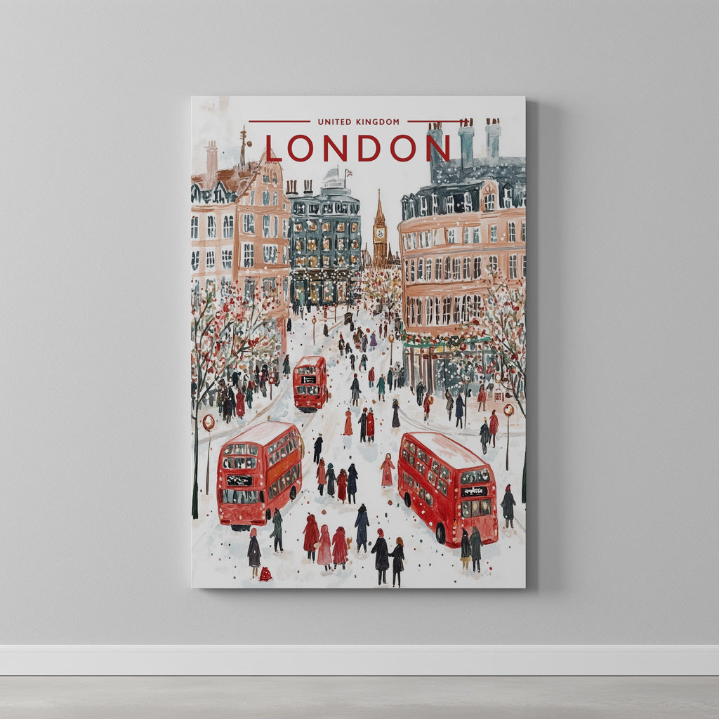 London #2 Travel Poster as a gallery-wrapped canvas on a plain wall