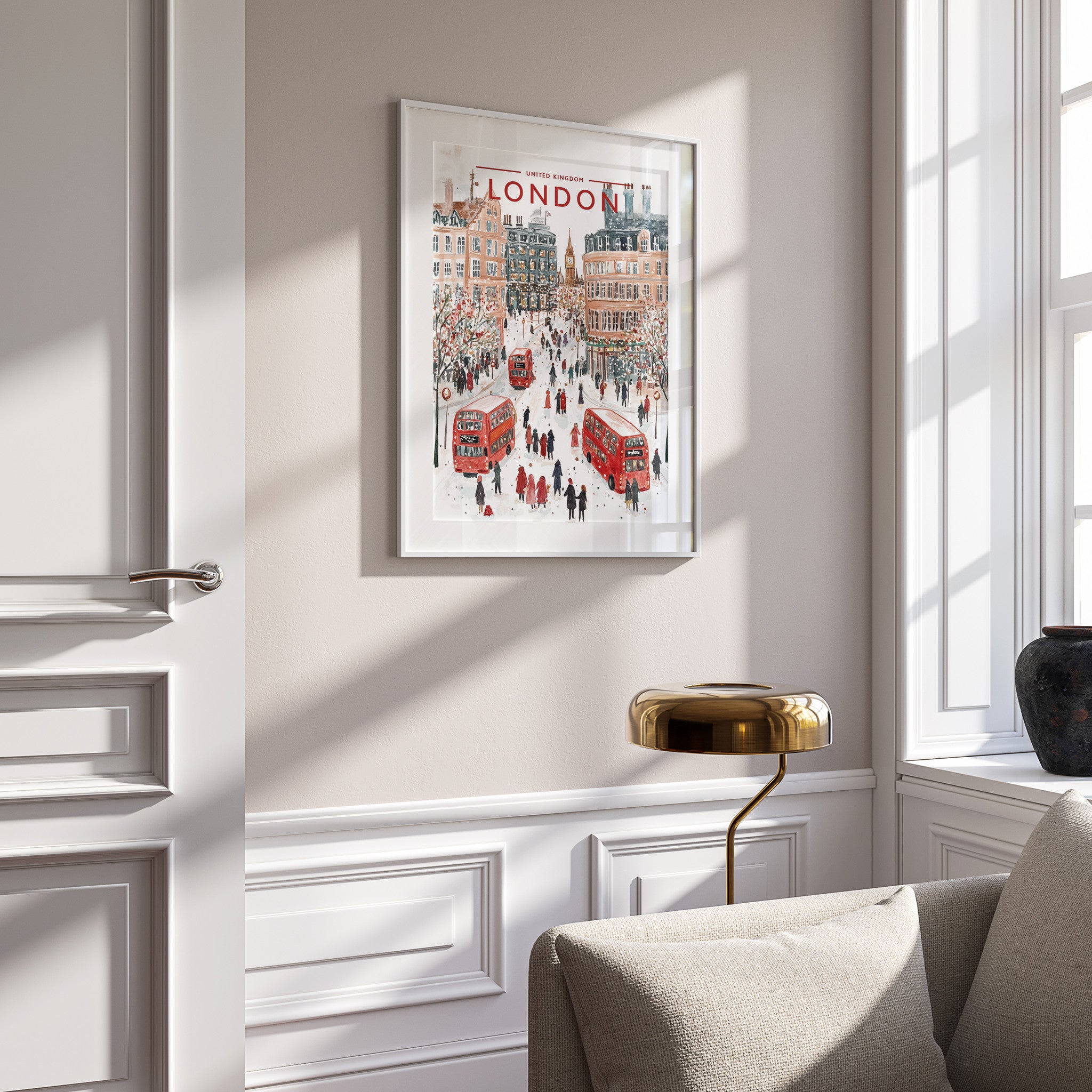 London #2 Travel Poster in a white frame on a panelled wall