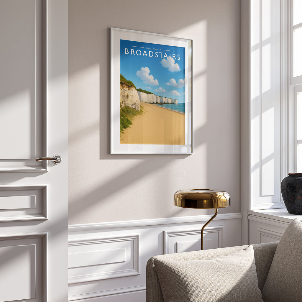 Broadstairs Travel Poster in a white frame on a panelled wall