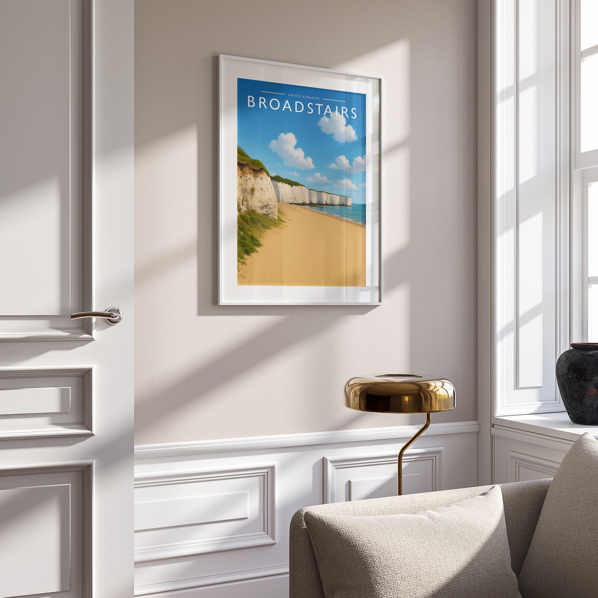 Broadstairs Travel Poster in a white frame on a panelled wall