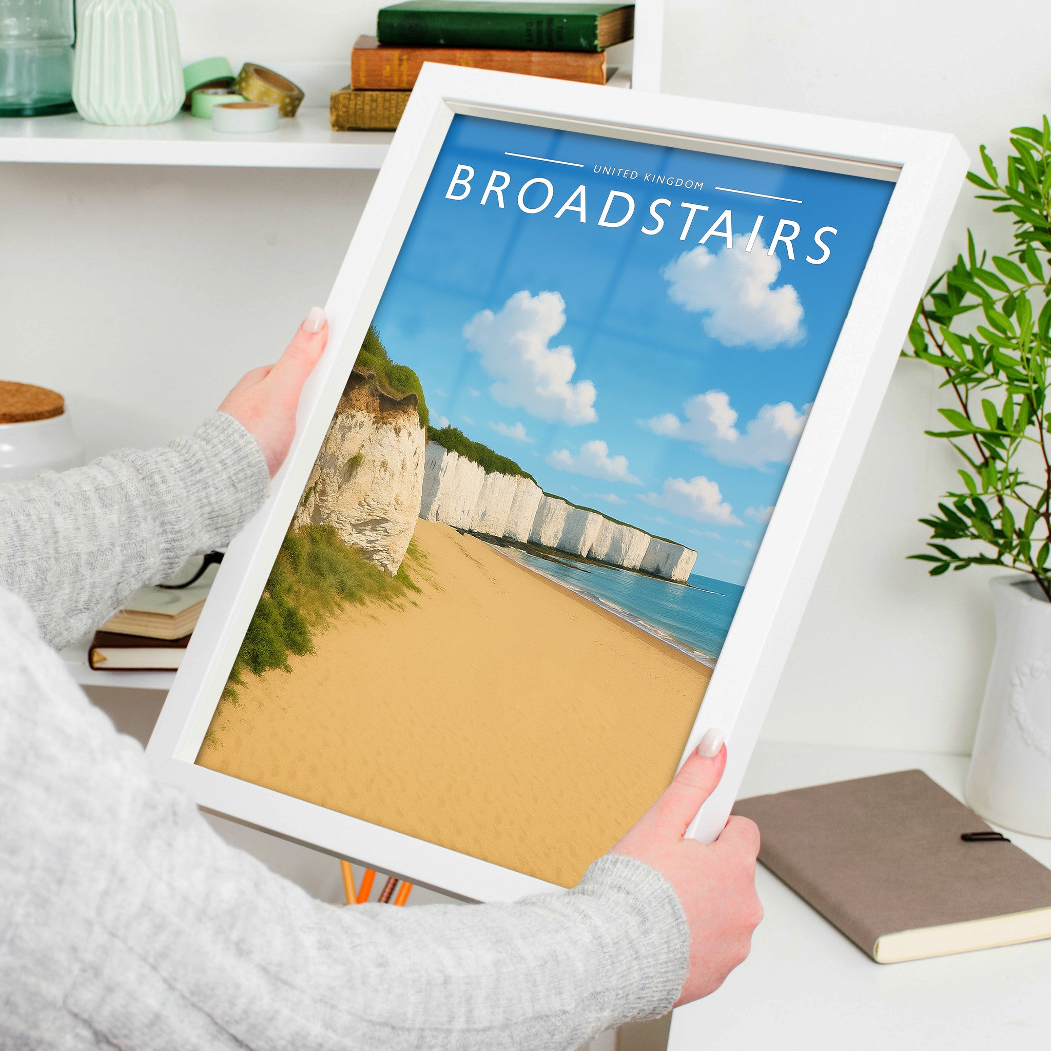 Broadstairs Travel Poster in a white frame, held to show scale