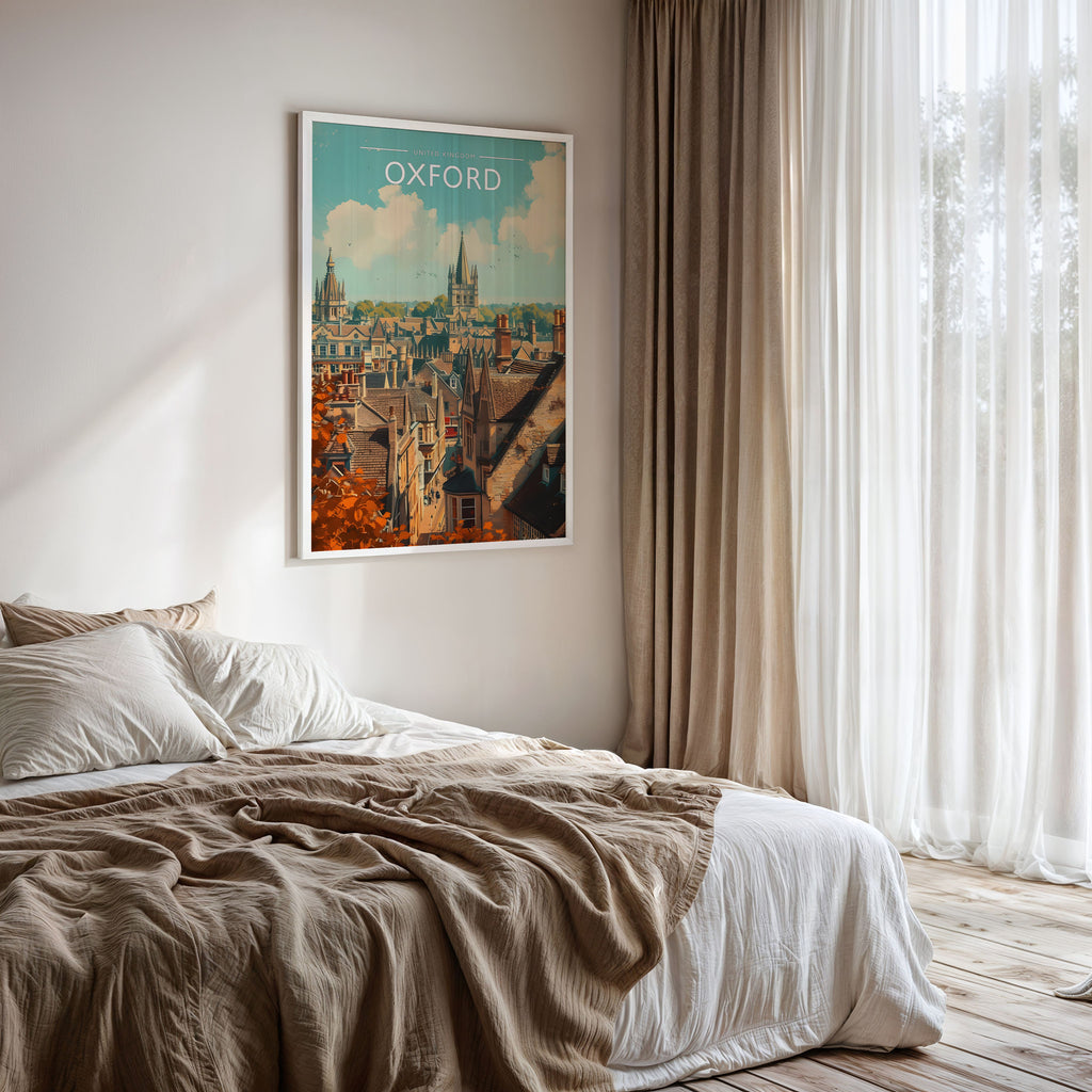 Oxford Travel Poster framed on a bedroom wall