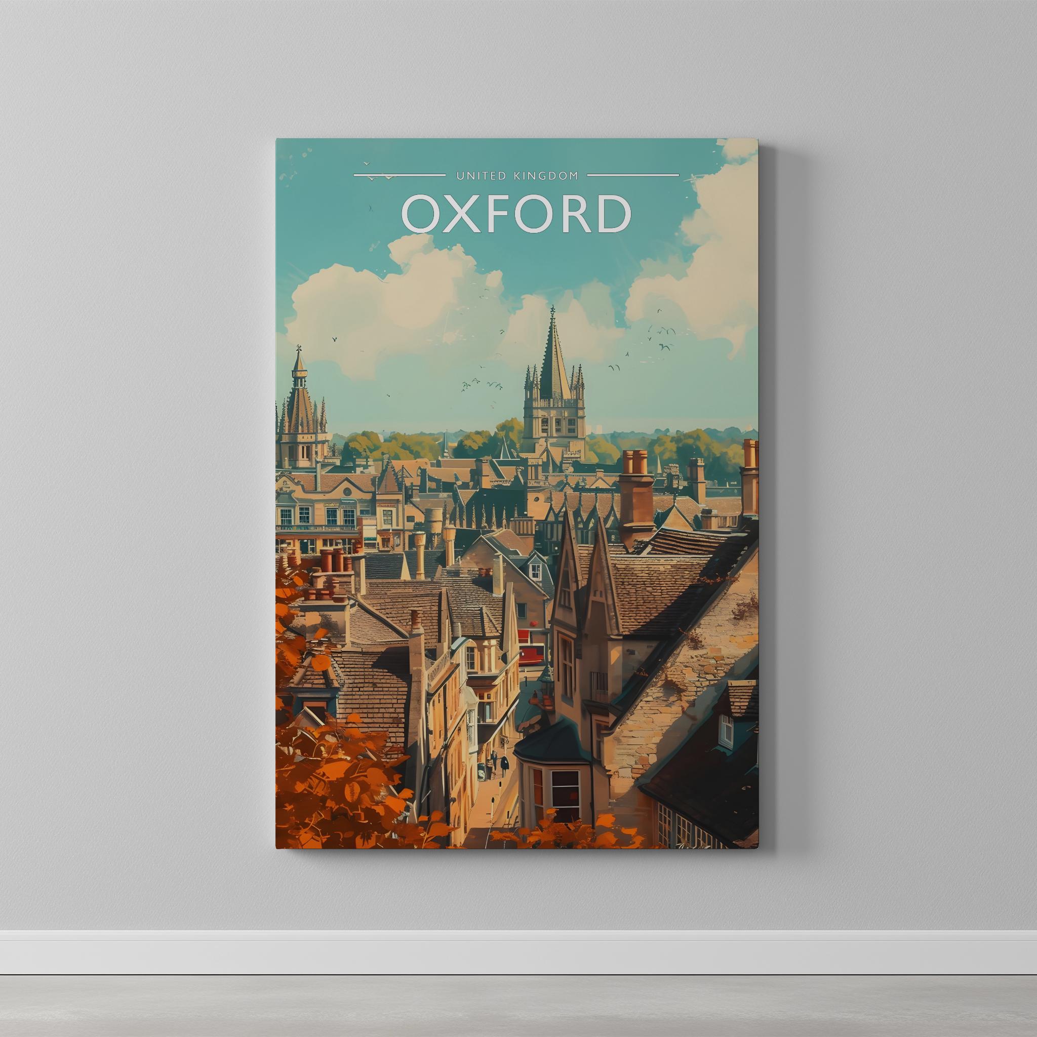 Oxford Travel Poster as a gallery-wrapped canvas on a plain wall