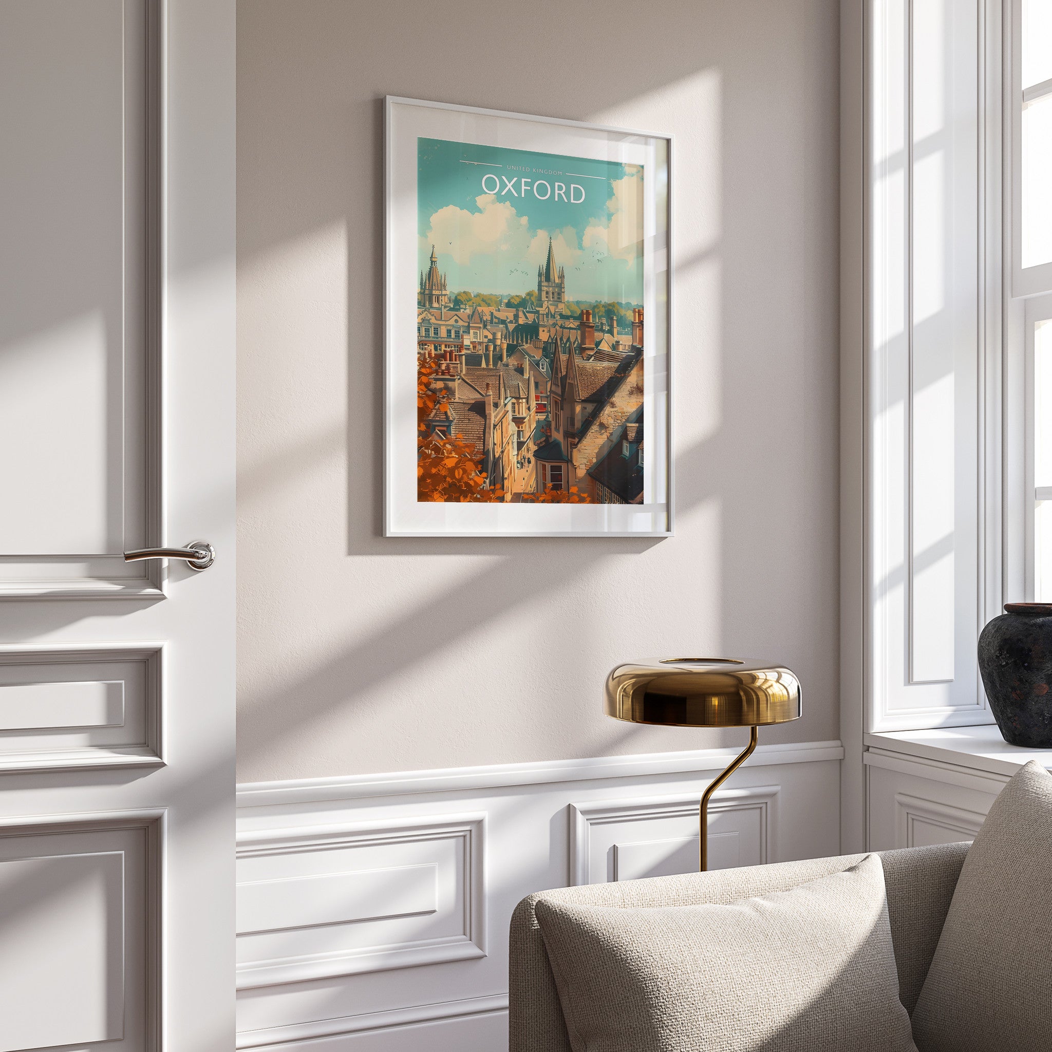 Oxford Travel Poster in a white frame on a panelled wall
