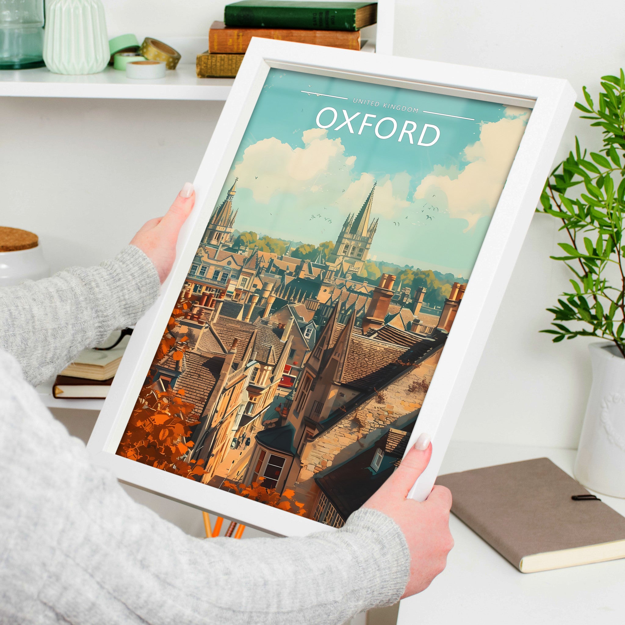 Oxford Travel Poster in a white frame, held to show scale