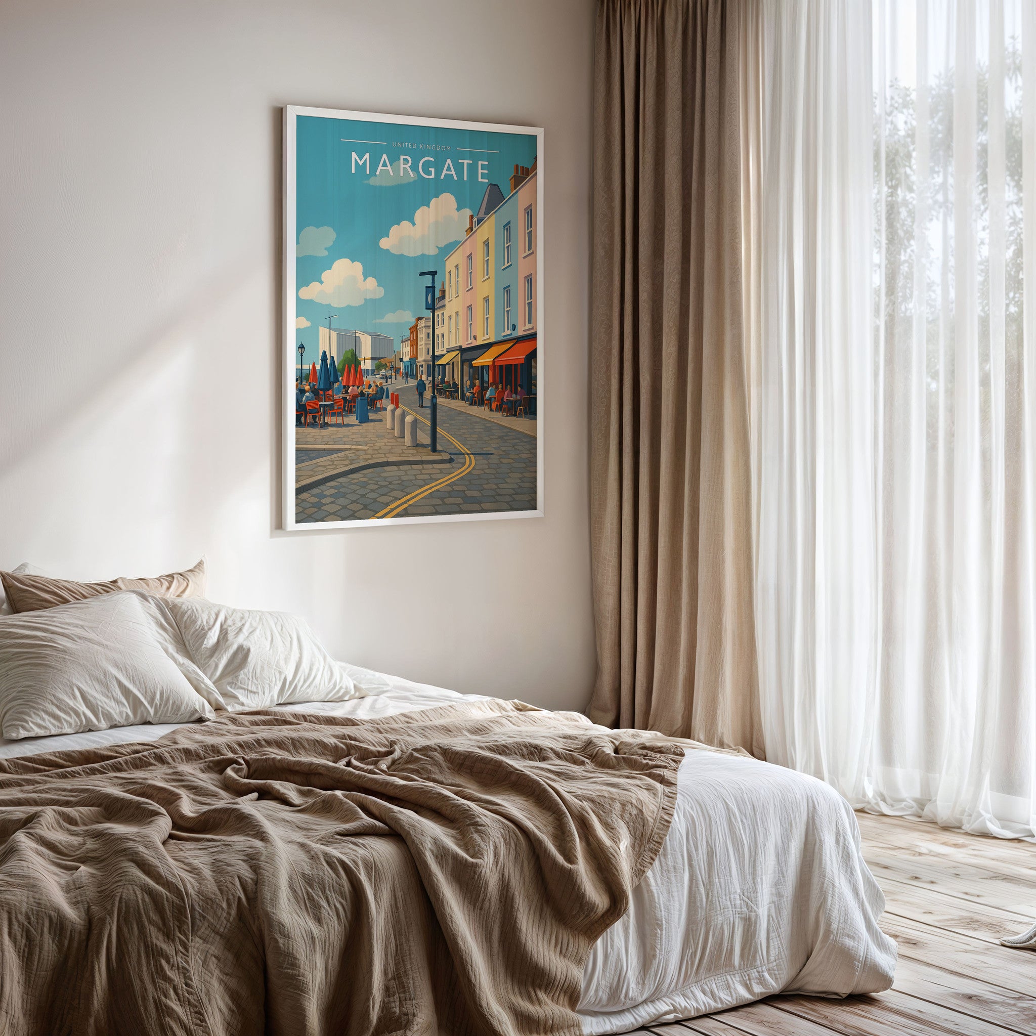 Margate Travel Poster framed on a bedroom wall