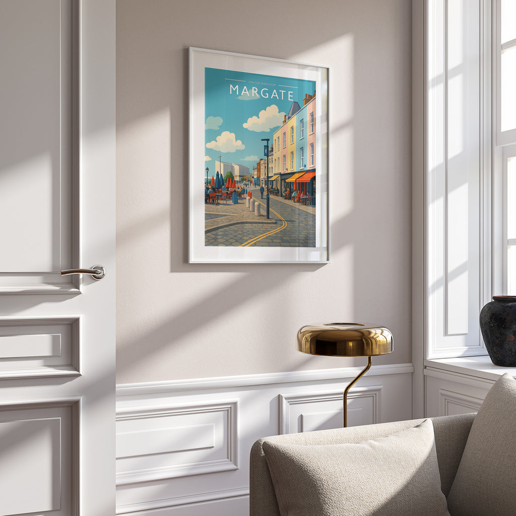Margate Travel Poster in a white frame on a panelled wall