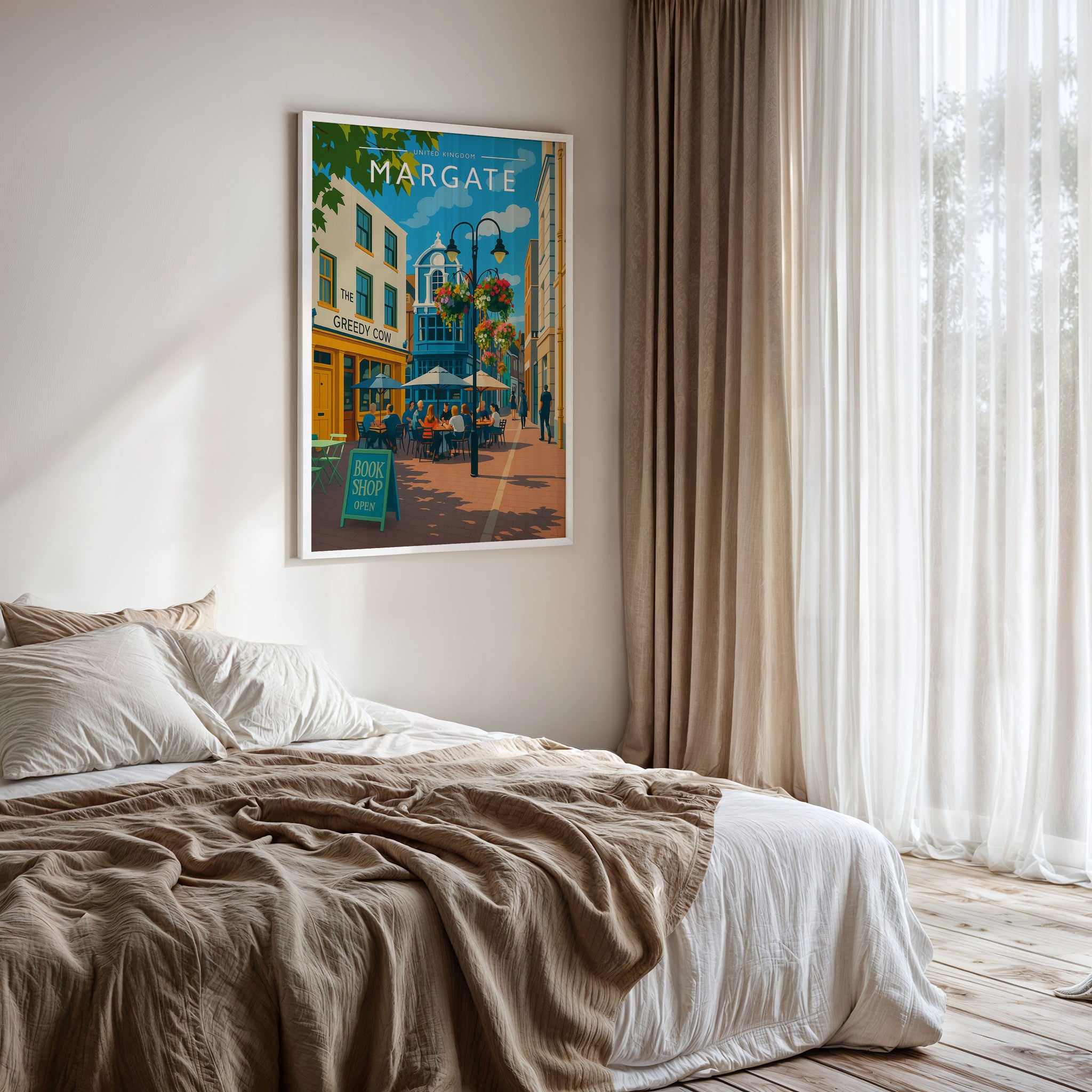 Margate #2 Travel Poster framed on a bedroom wall