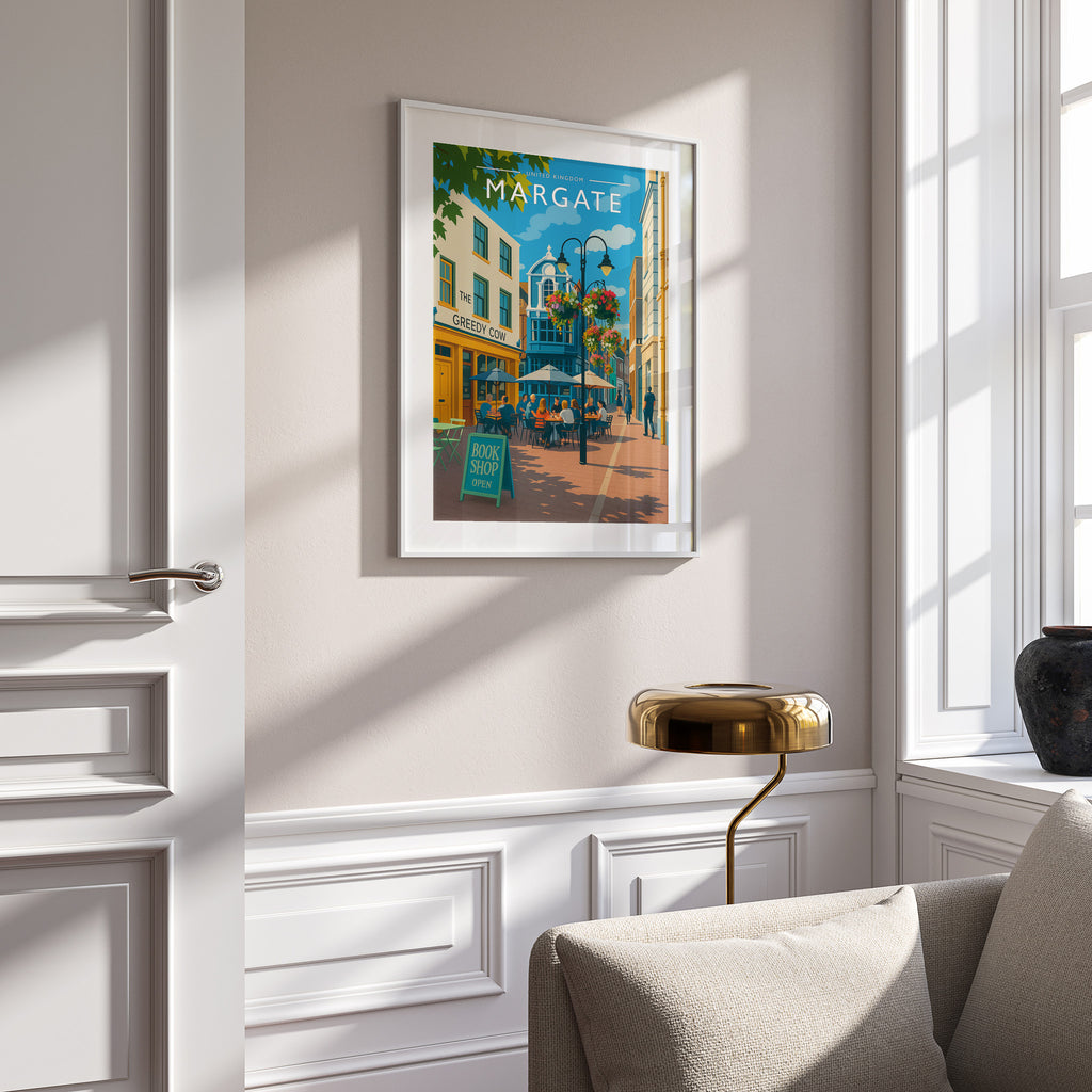 Margate #2 Travel Poster in a white frame on a panelled wall