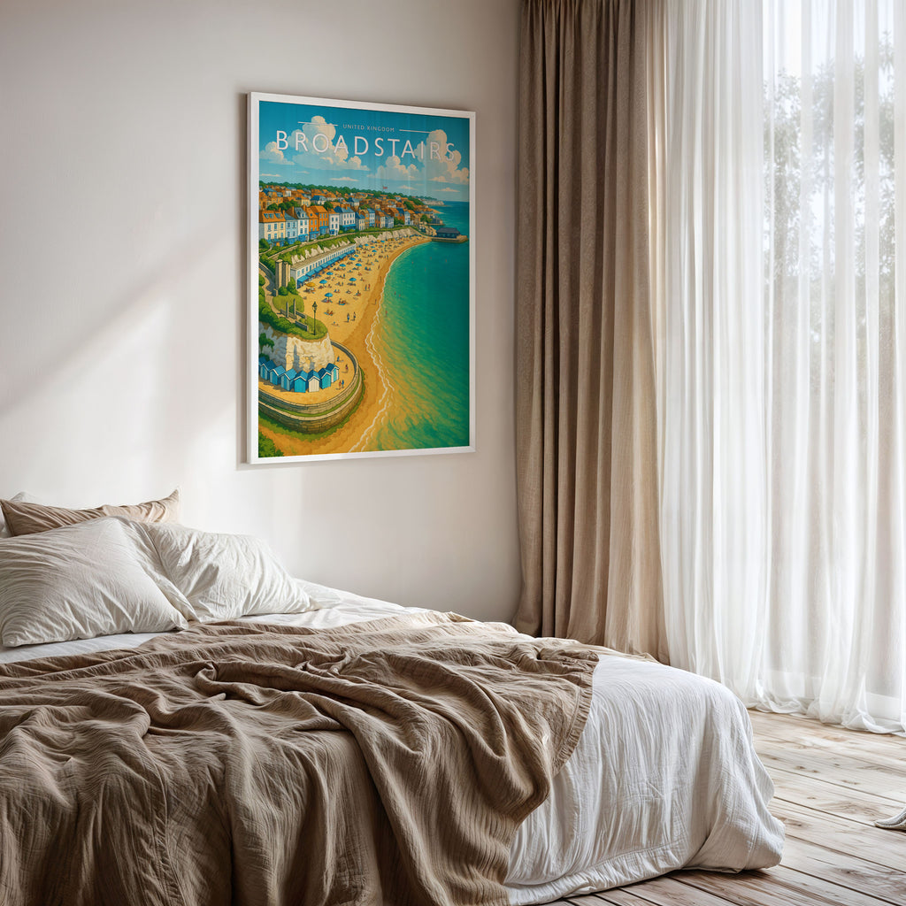 Broadstairs #2 Travel Poster framed on a bedroom wall