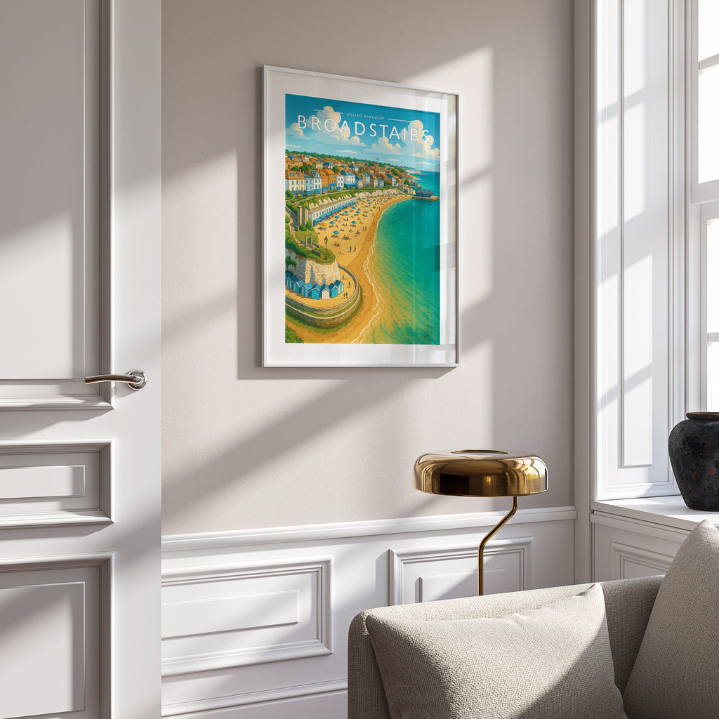 Broadstairs #2 Travel Poster in a white frame on a panelled wall