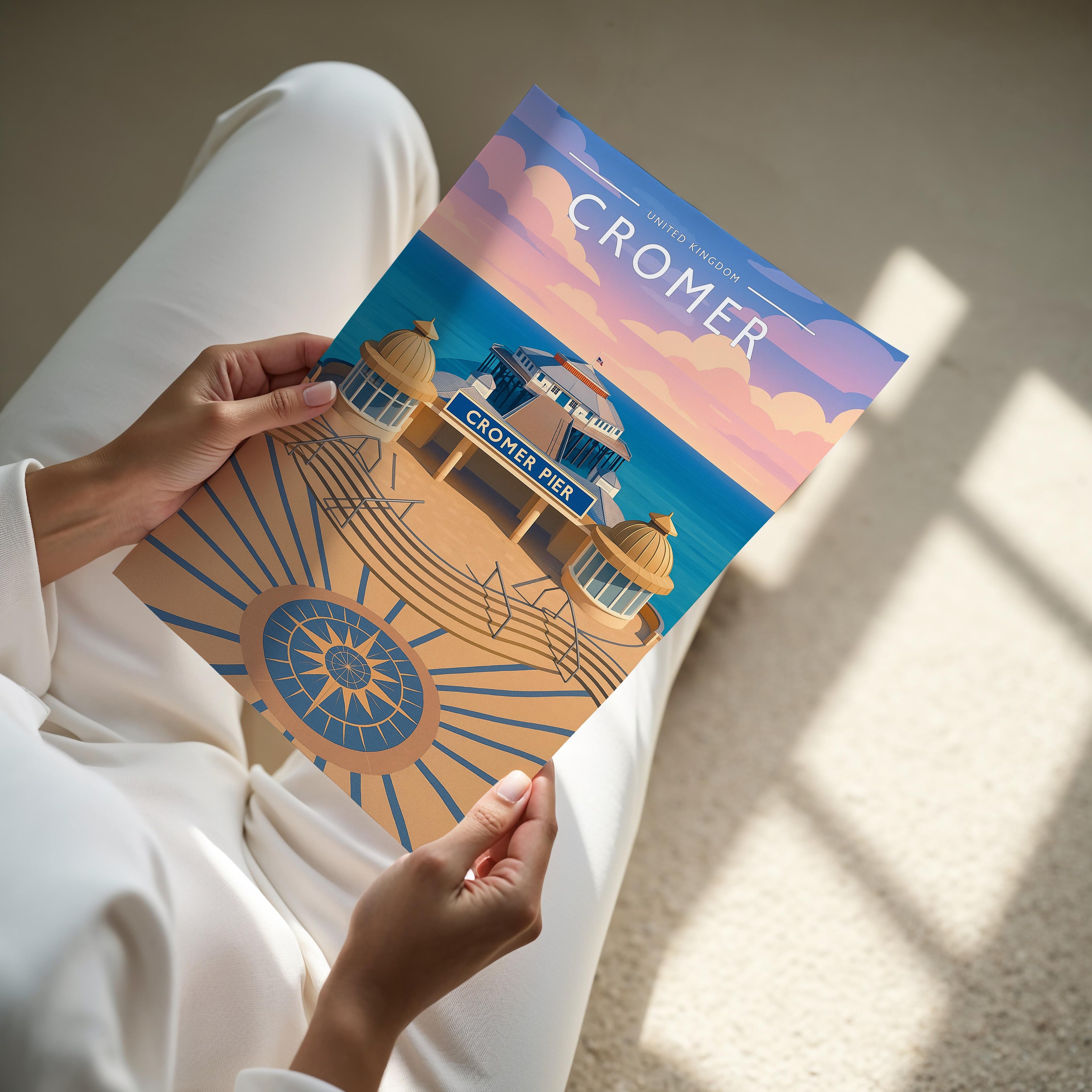 Cromer Travel Poster - A4 print held in hand
