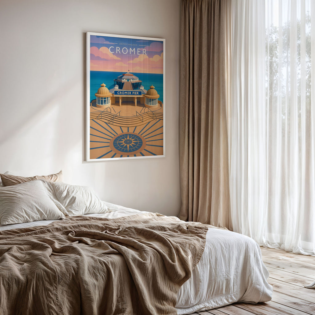 Cromer Travel Poster framed on a bedroom wall