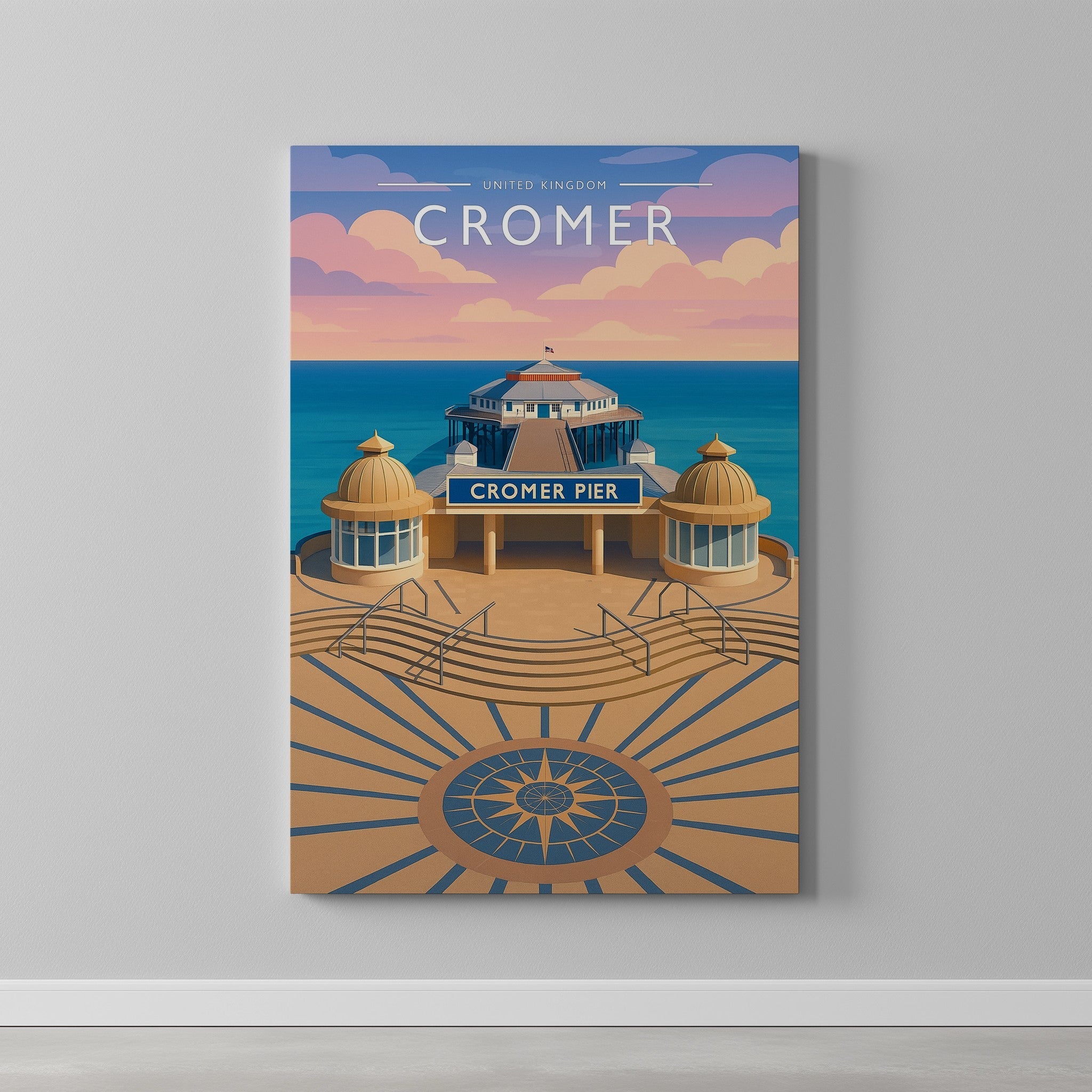 Cromer Travel Poster as a gallery-wrapped canvas on a plain wall