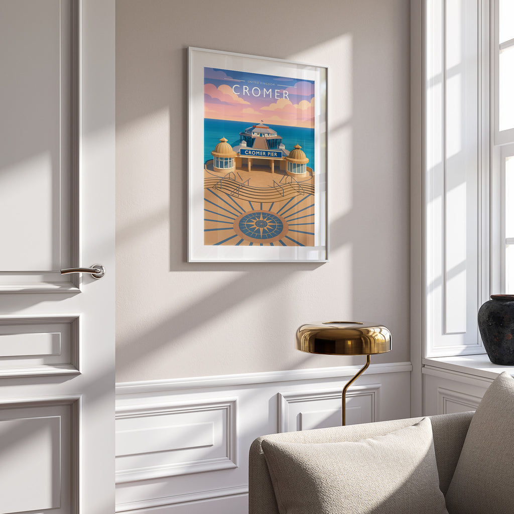 Cromer Travel Poster in a white frame on a panelled wall