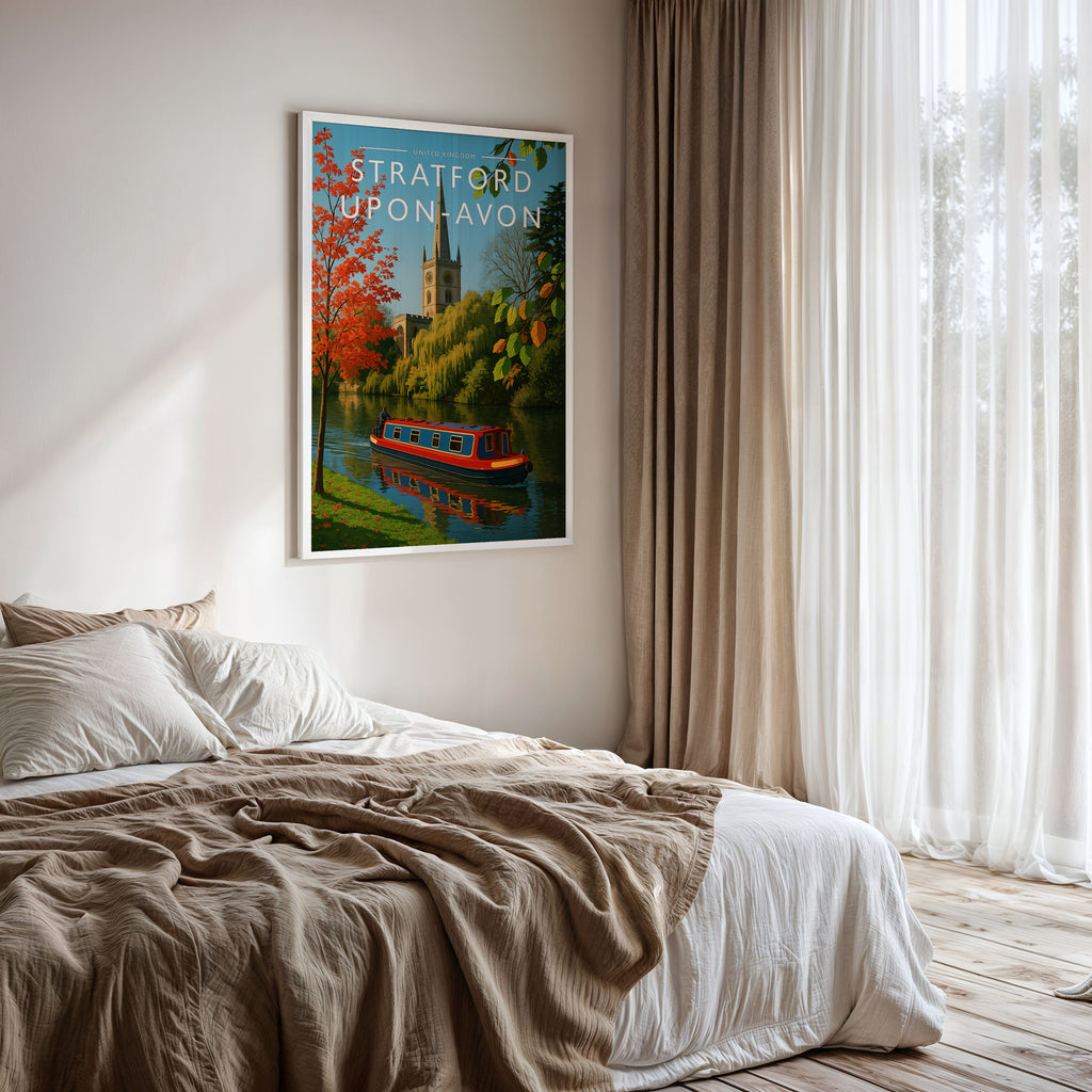Stratford-upon-Avon Travel Poster framed on a bedroom wall