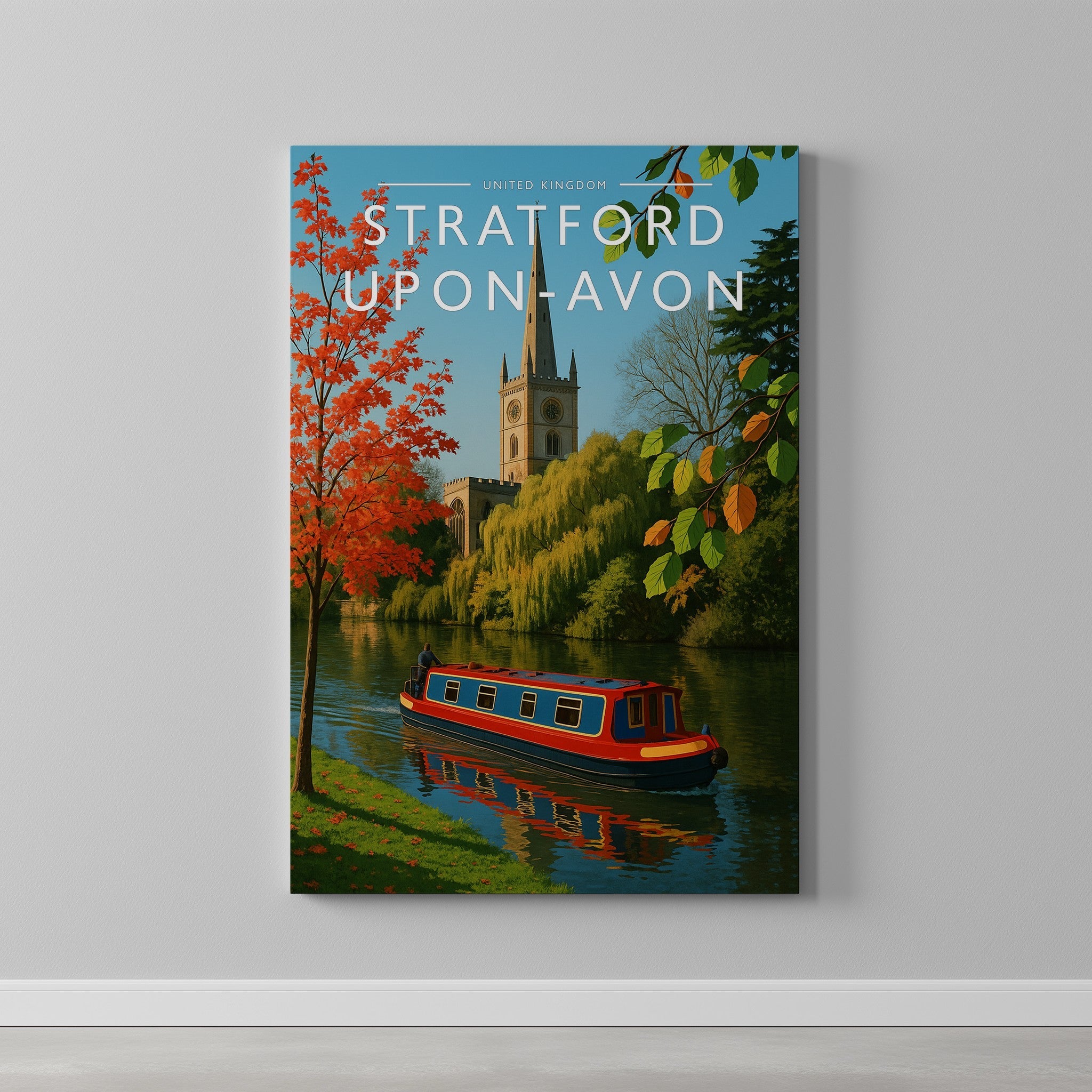 Stratford-upon-Avon Travel Poster as a gallery-wrapped canvas on a plain wall