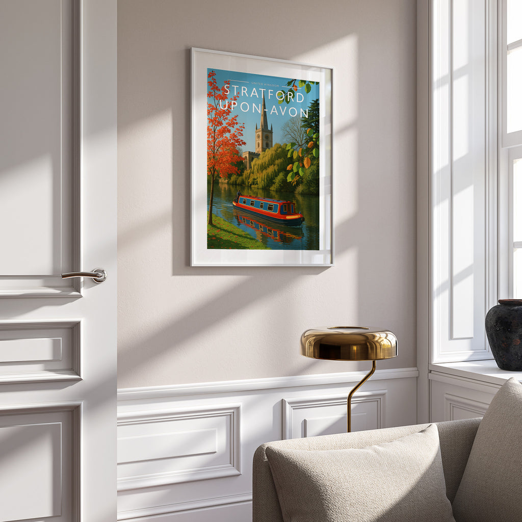 Stratford-upon-Avon Travel Poster in a white frame on a panelled wall