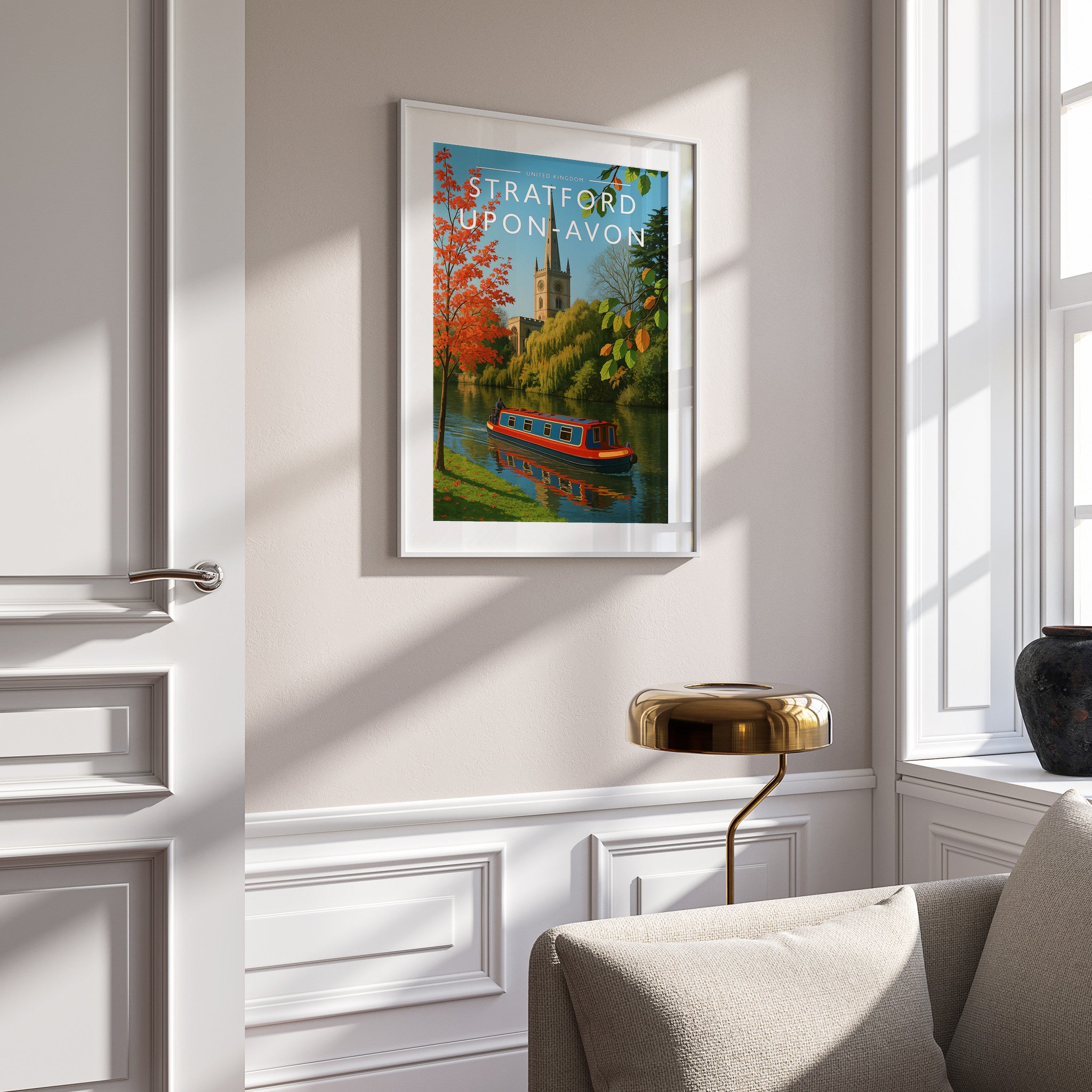 Stratford-upon-Avon Travel Poster in a white frame on a panelled wall