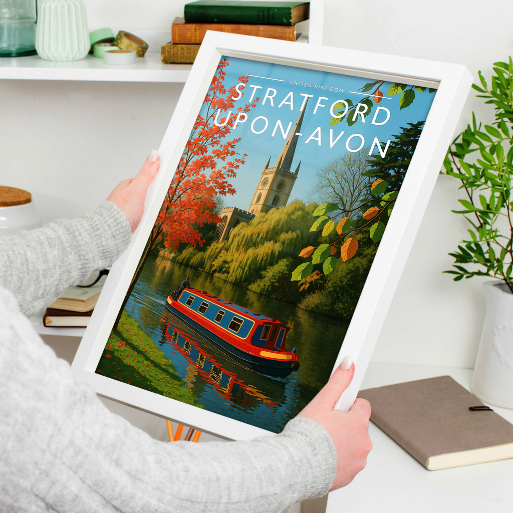 Stratford-upon-Avon Travel Poster in a white frame, held to show scale
