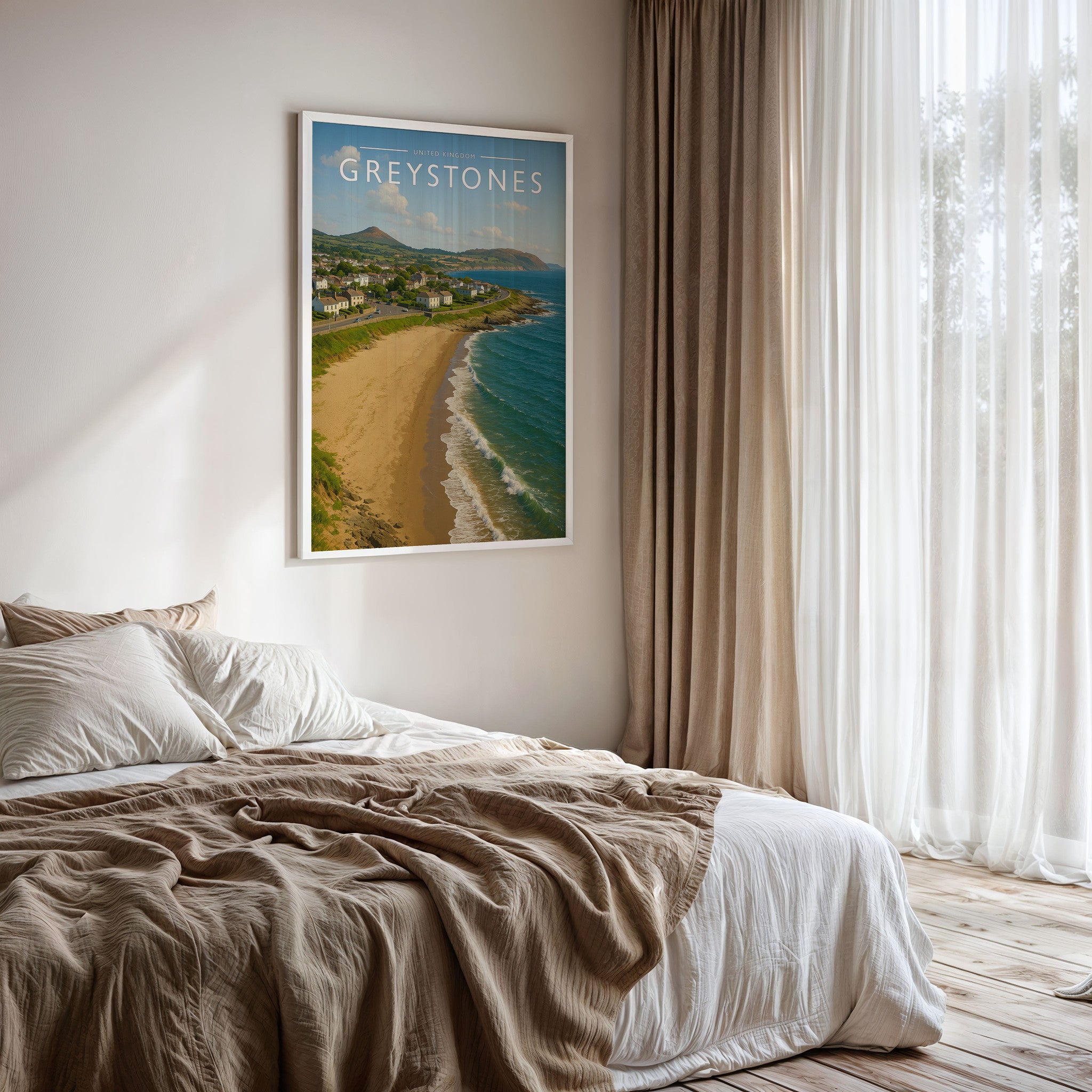 Greystones Travel Poster framed on a bedroom wall