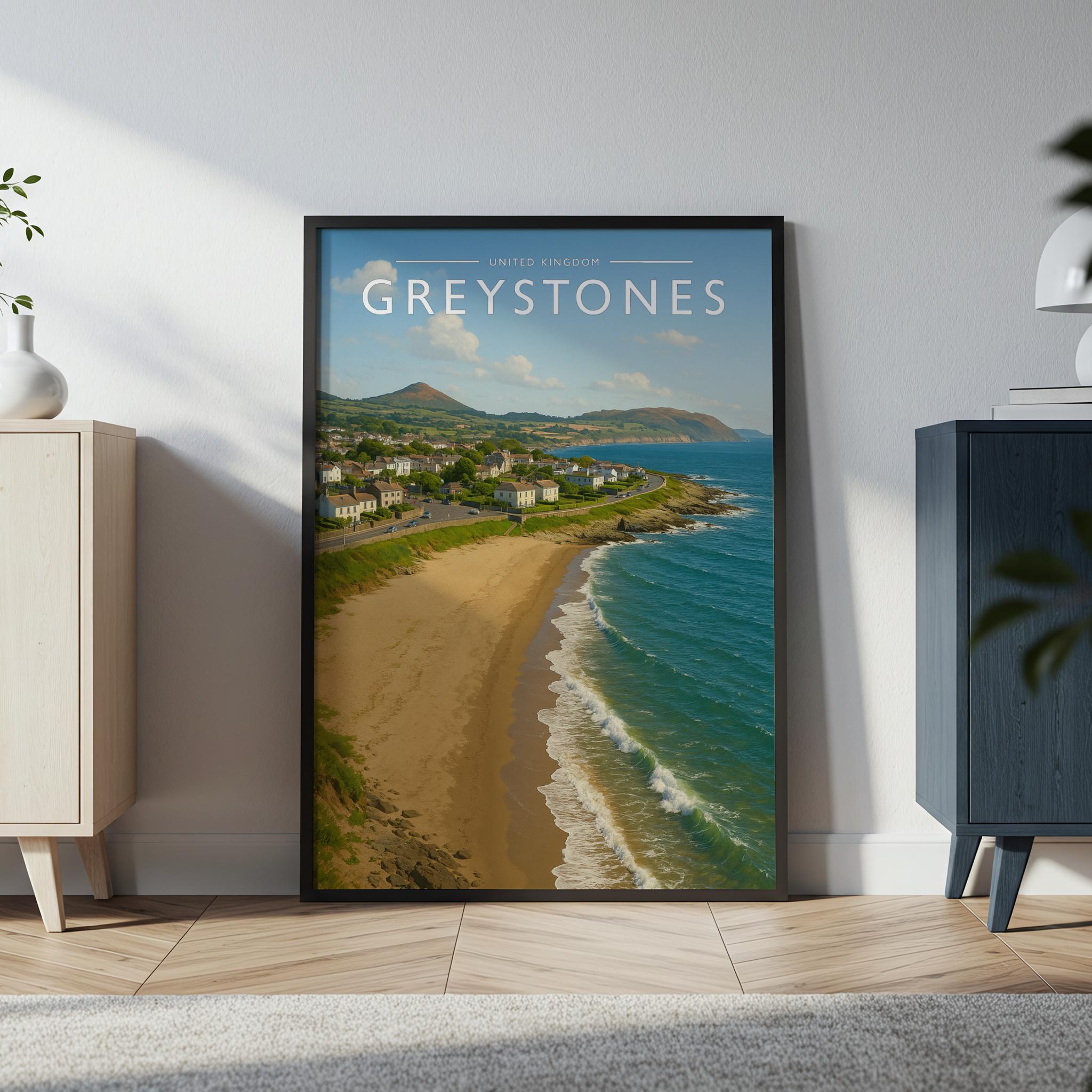 Greystones Travel Poster in a black frame