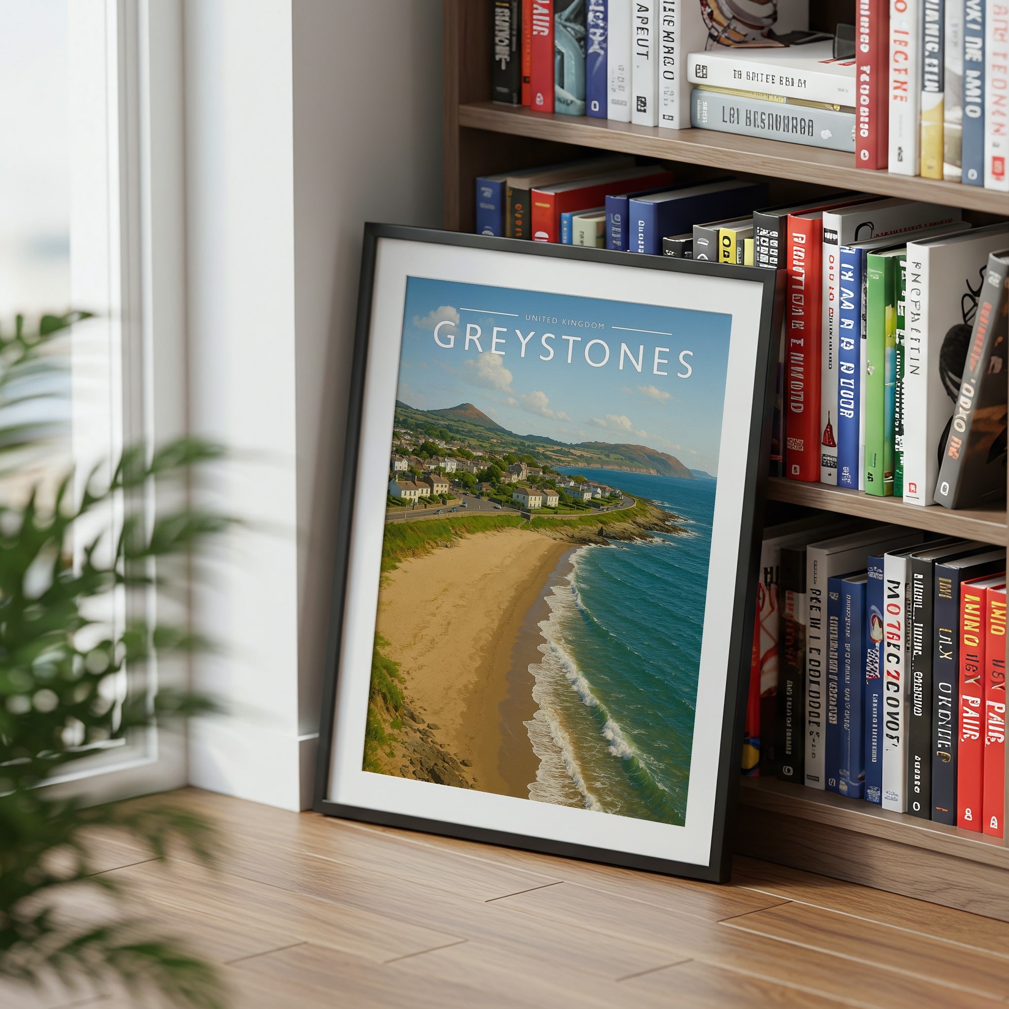 Greystones Travel Poster mounted in a black frame
