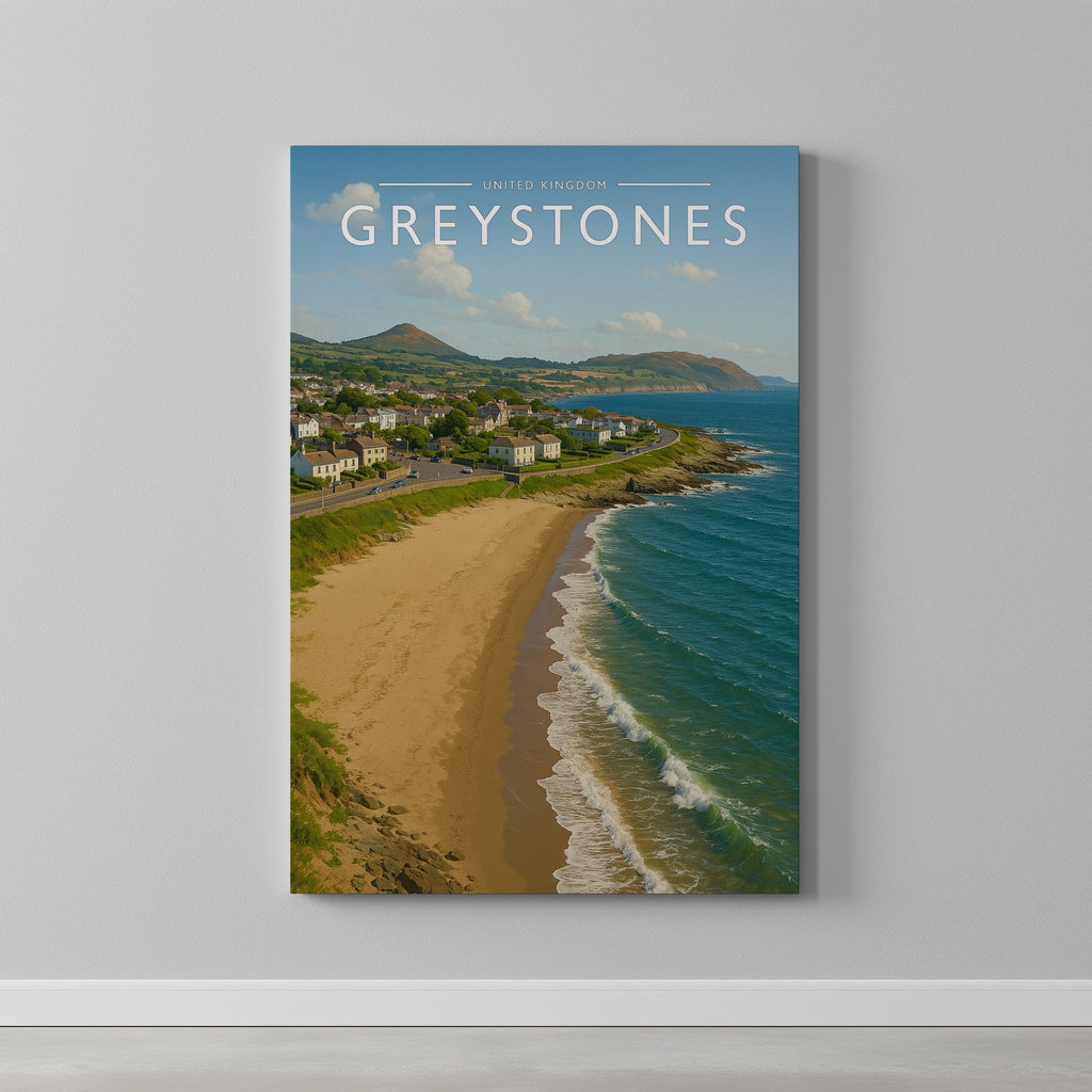 Greystones Travel Poster as a gallery-wrapped canvas on a plain wall