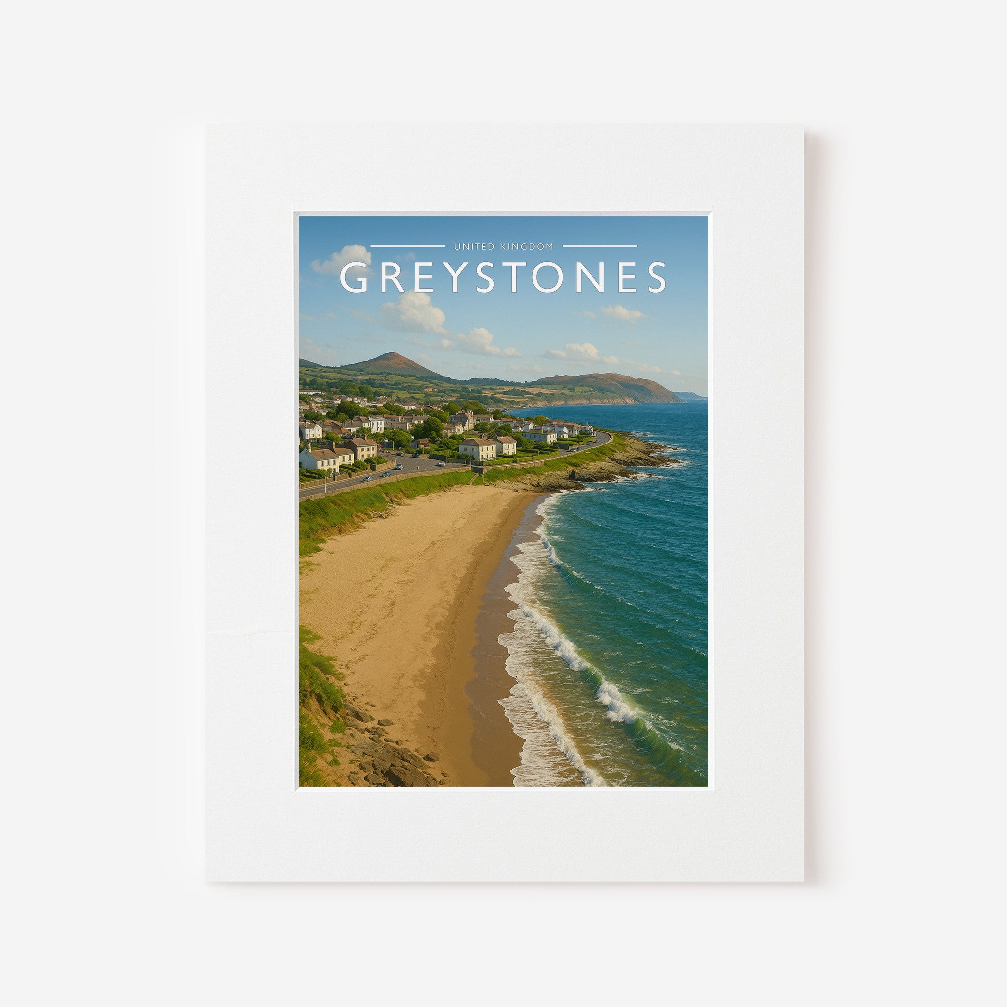 Greystones Travel Poster in a white mount