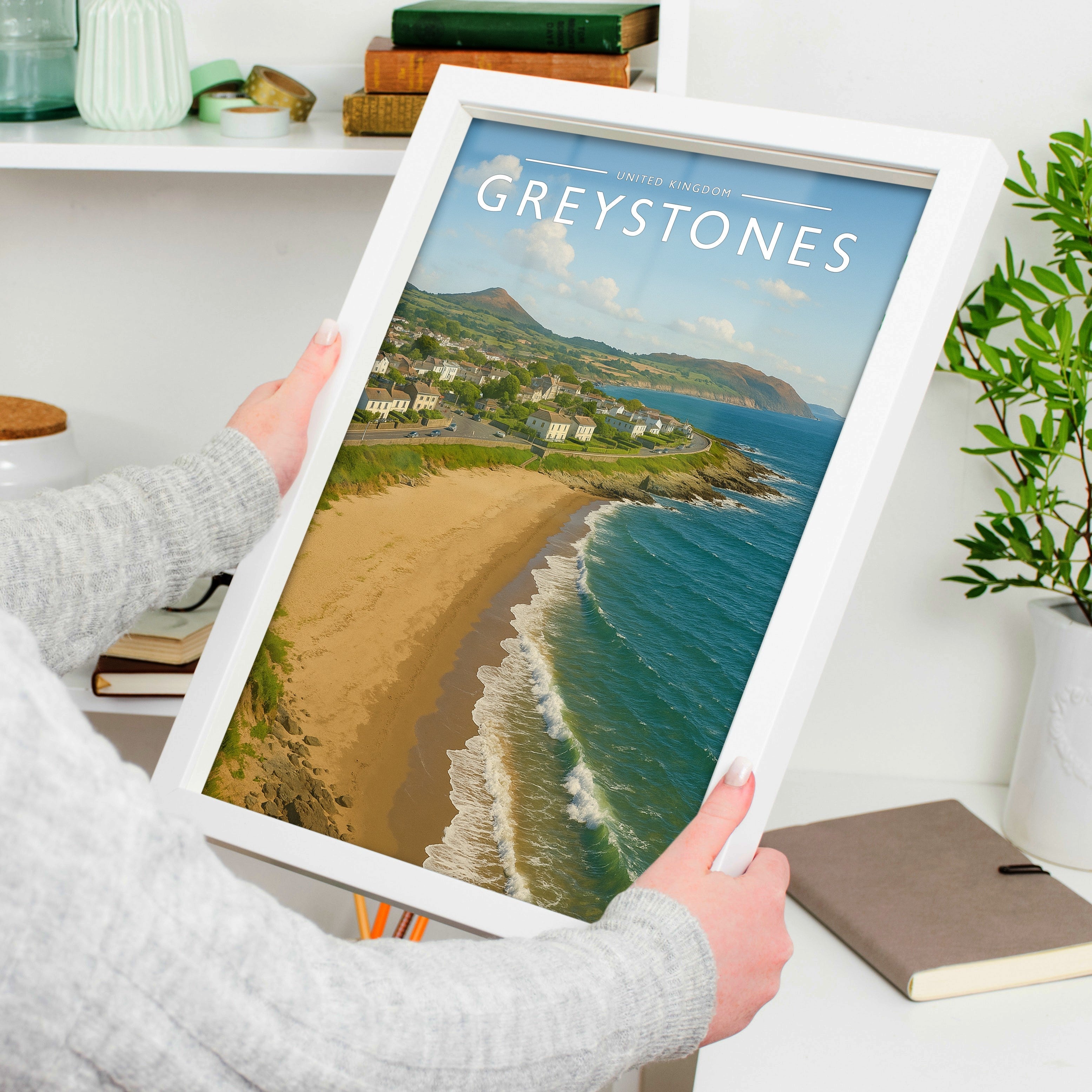 Greystones Travel Poster held in a white frame
