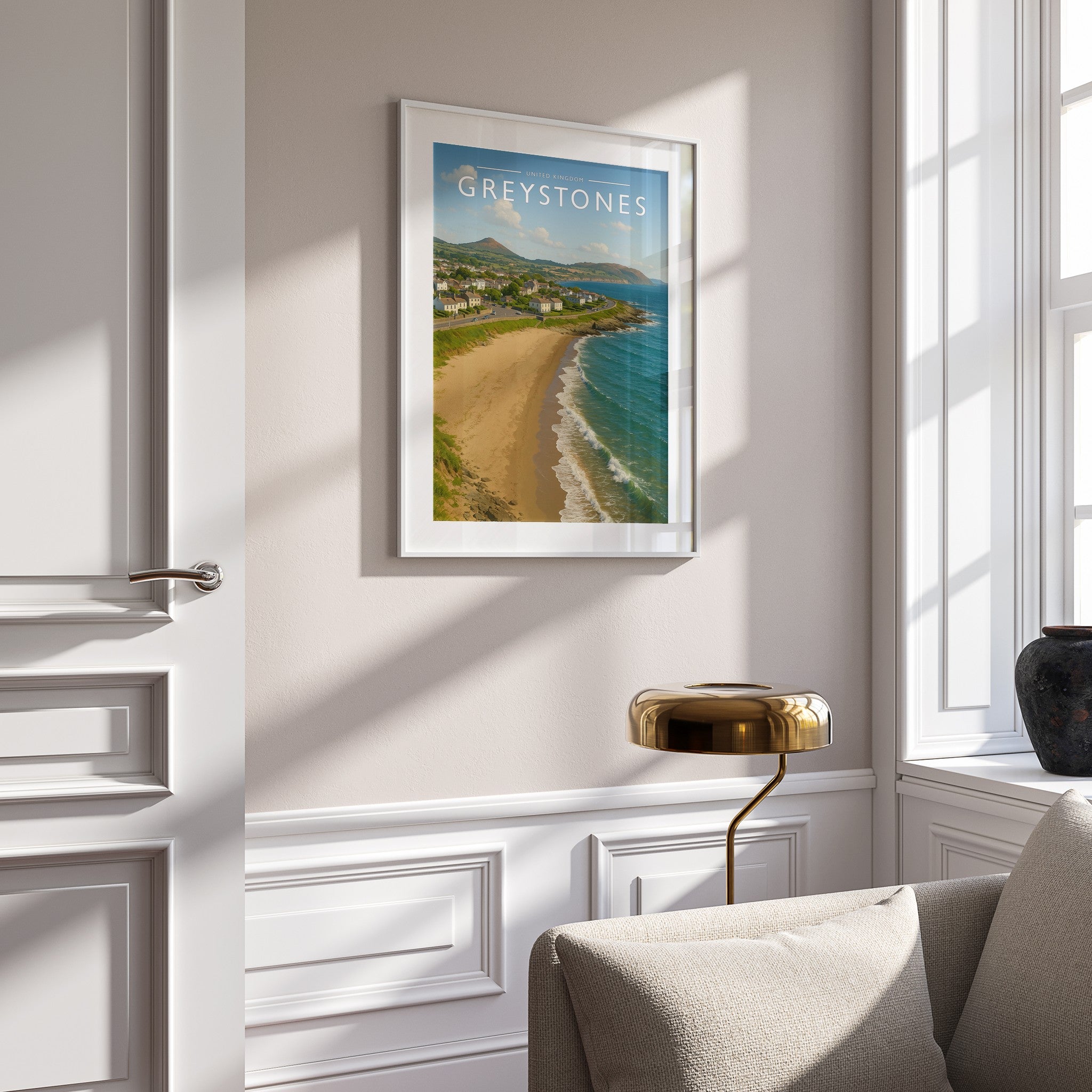Greystones Travel Poster mounted in a white frame