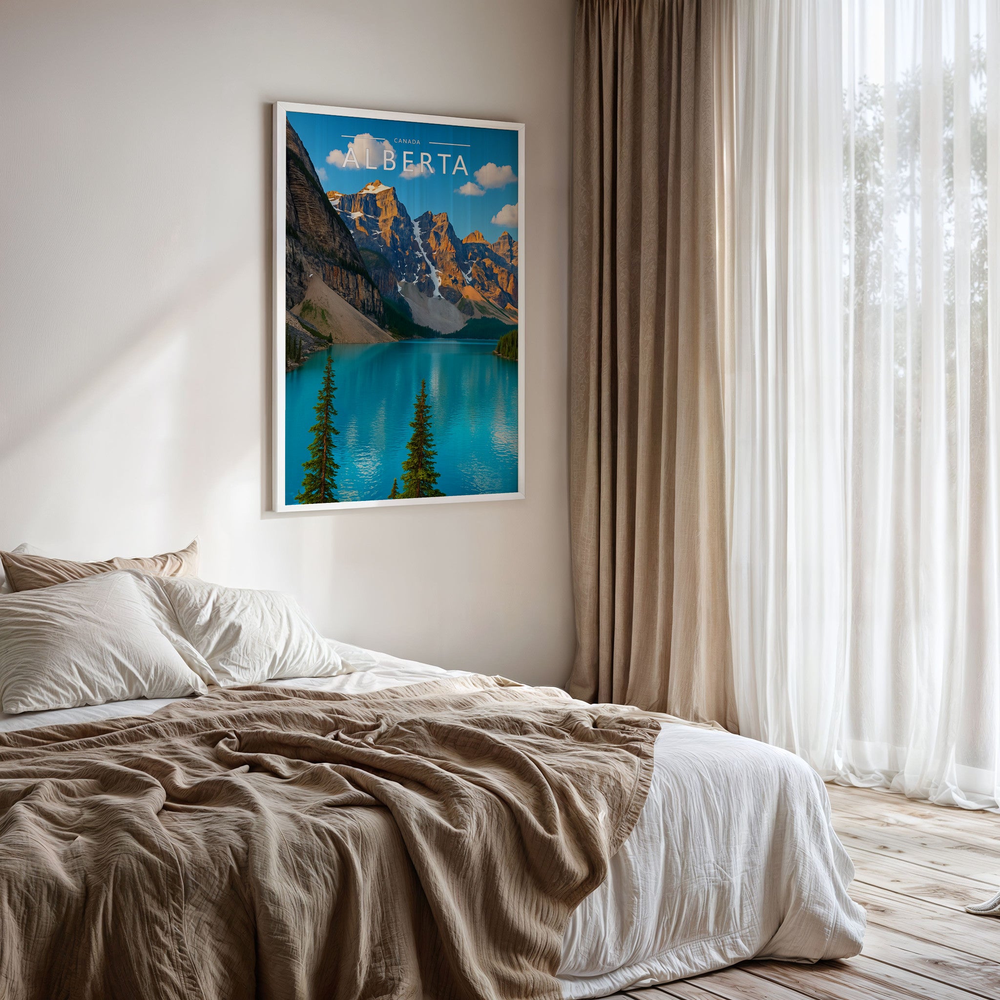 Alberta Travel Poster framed on a bedroom wall
