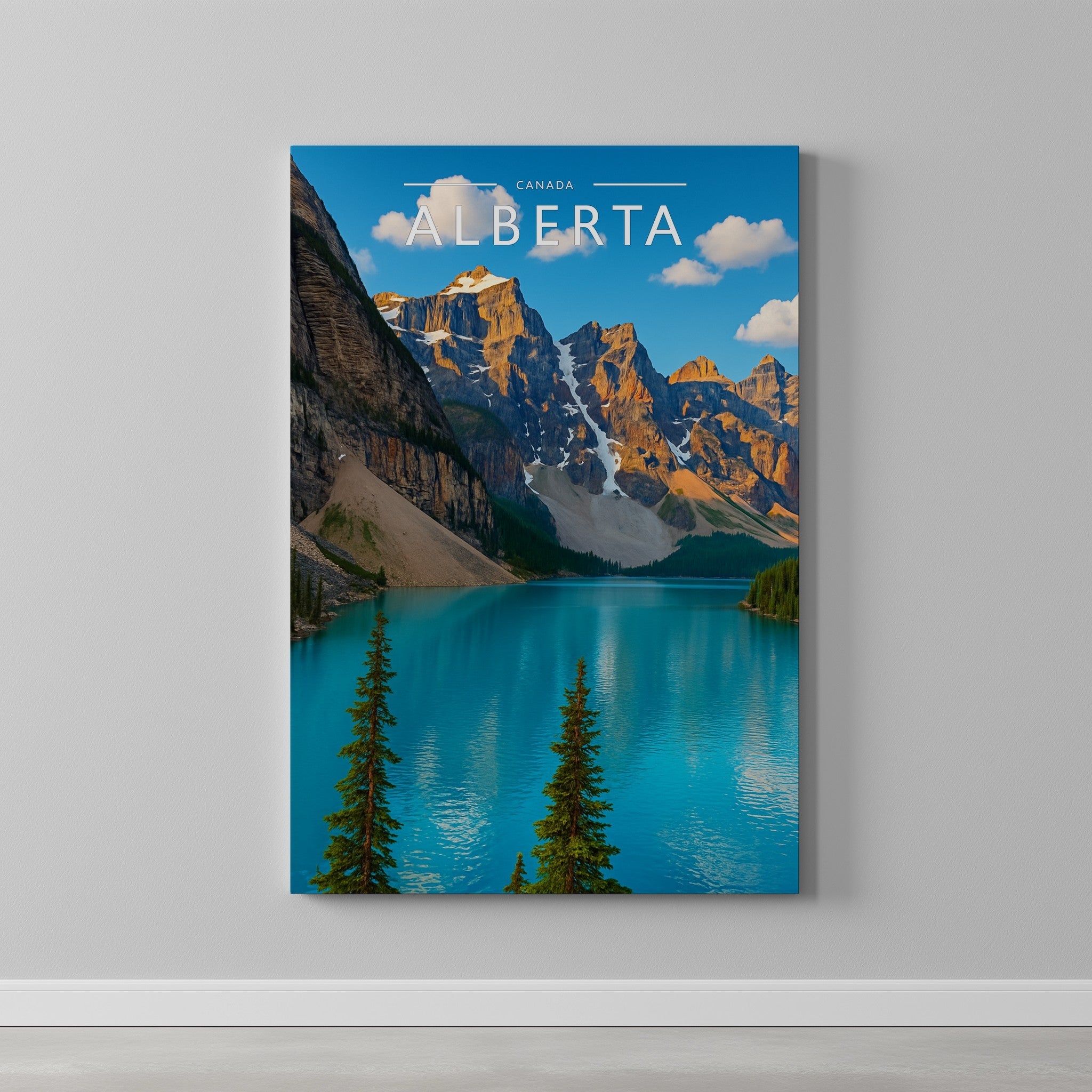 Alberta Travel Poster as a gallery-wrapped canvas on a plain wall