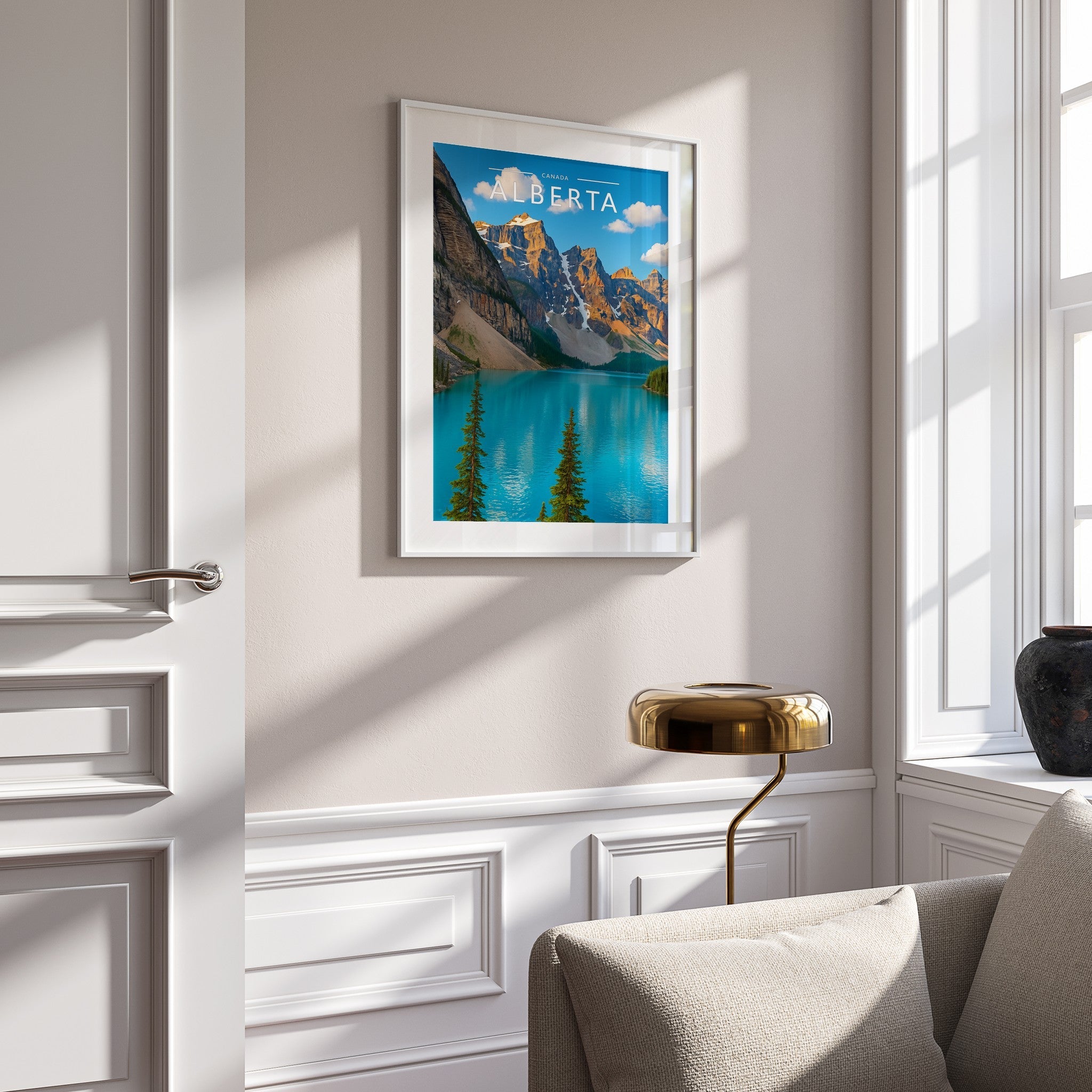 Alberta Travel Poster mounted in a white frame