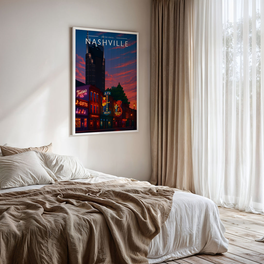 Nashville Travel Poster framed on a bedroom wall