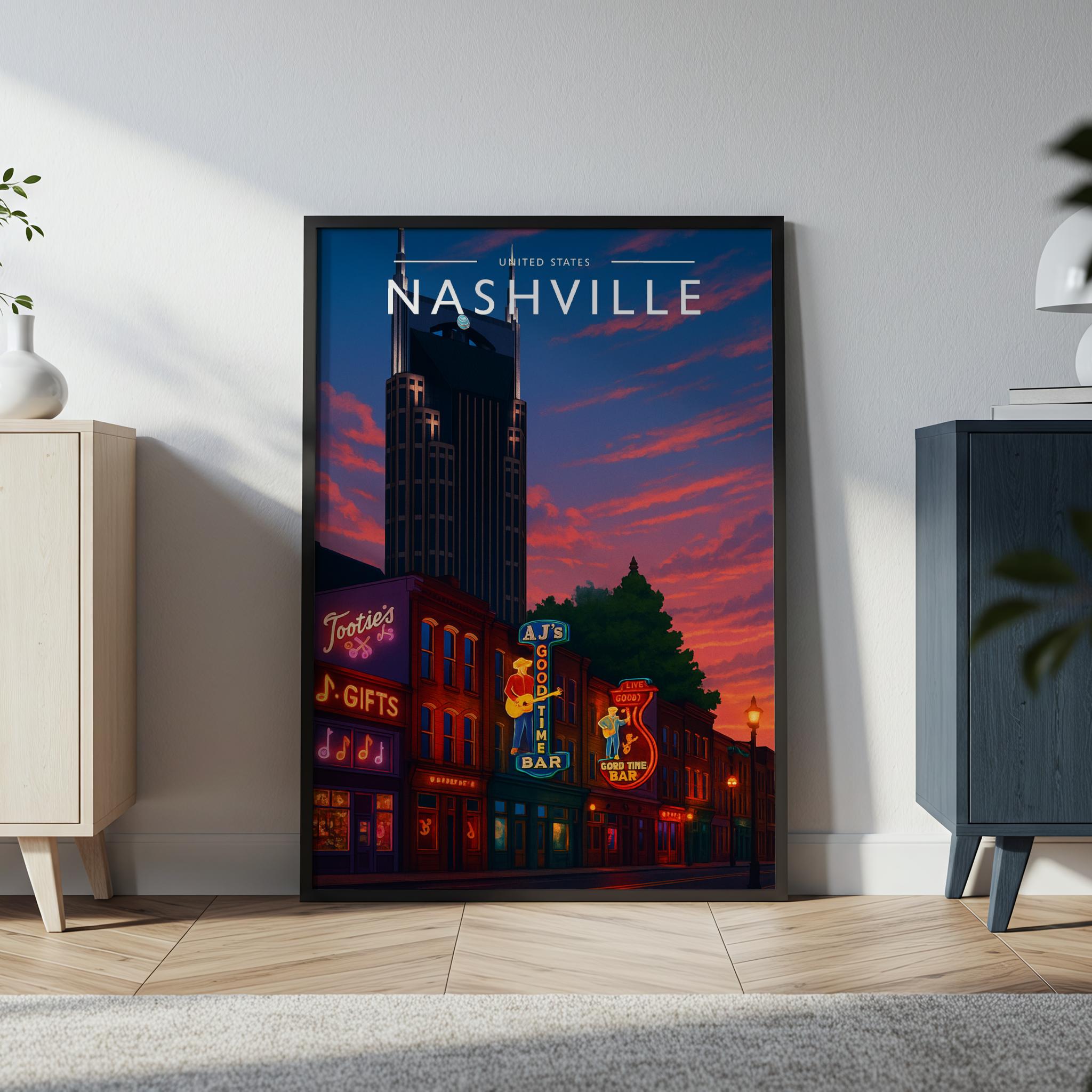 Nashville Travel Poster in a black frame