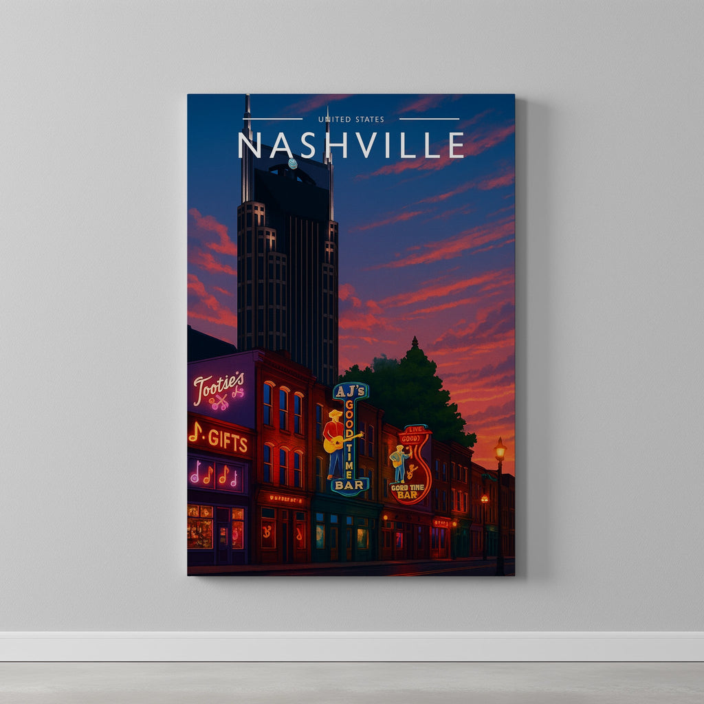 Nashville Travel Poster as a gallery-wrapped canvas on a plain wall