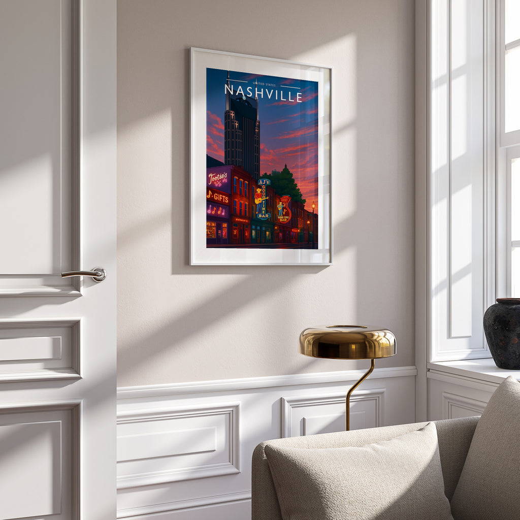 Nashville Travel Poster in a white frame on a panelled wall