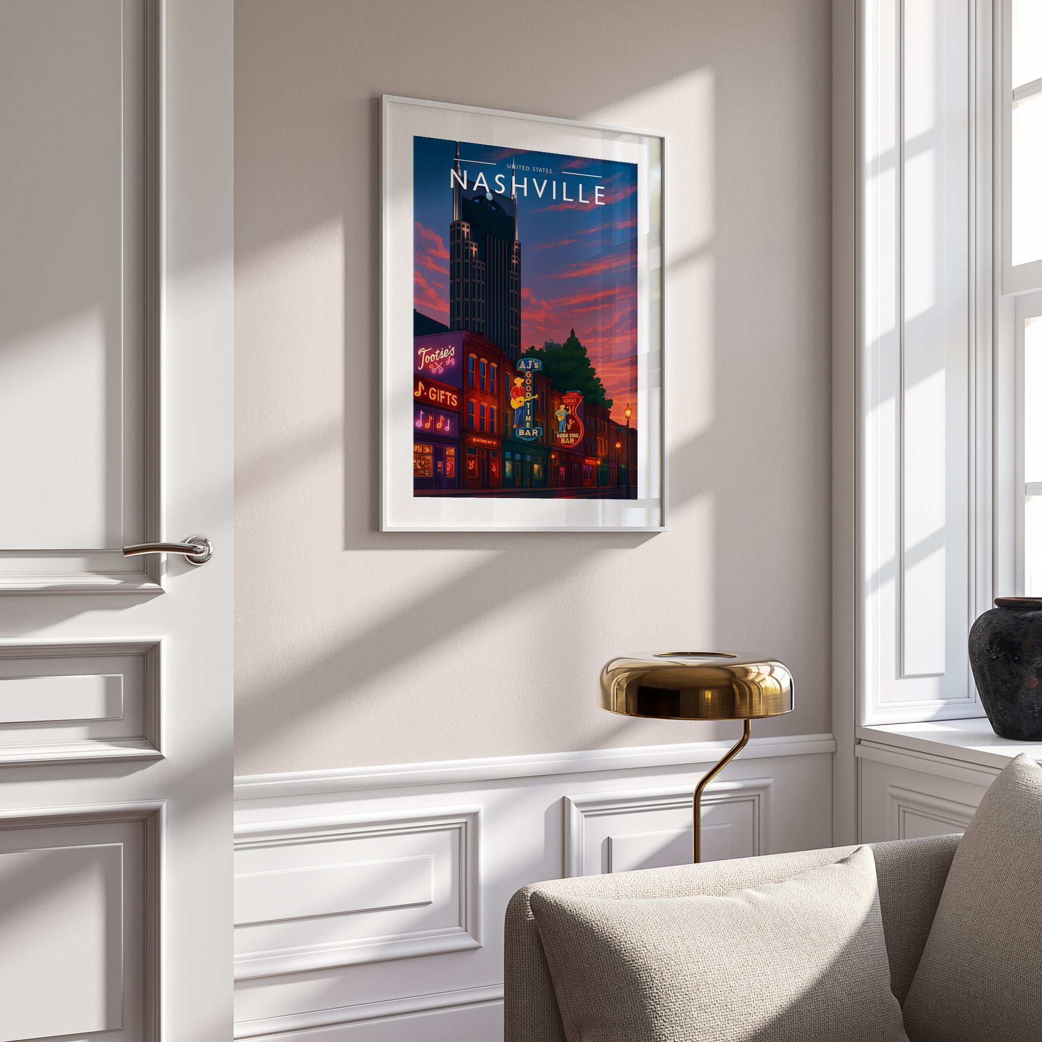 Nashville Travel Poster in a white frame on a panelled wall