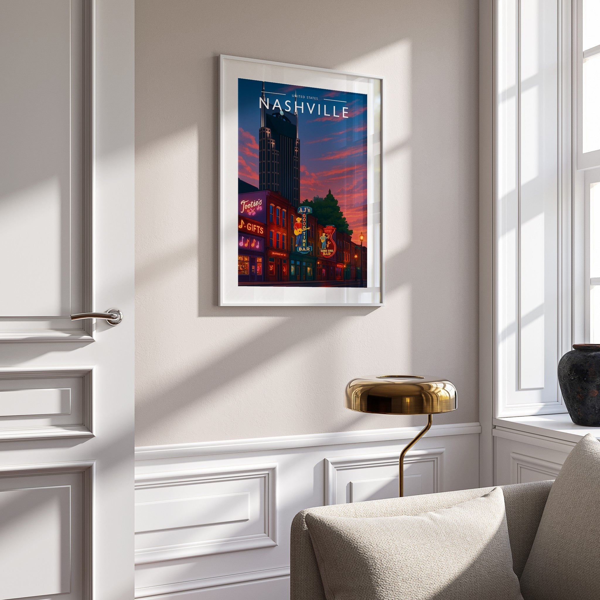 Nashville Travel Poster mounted in a white frame