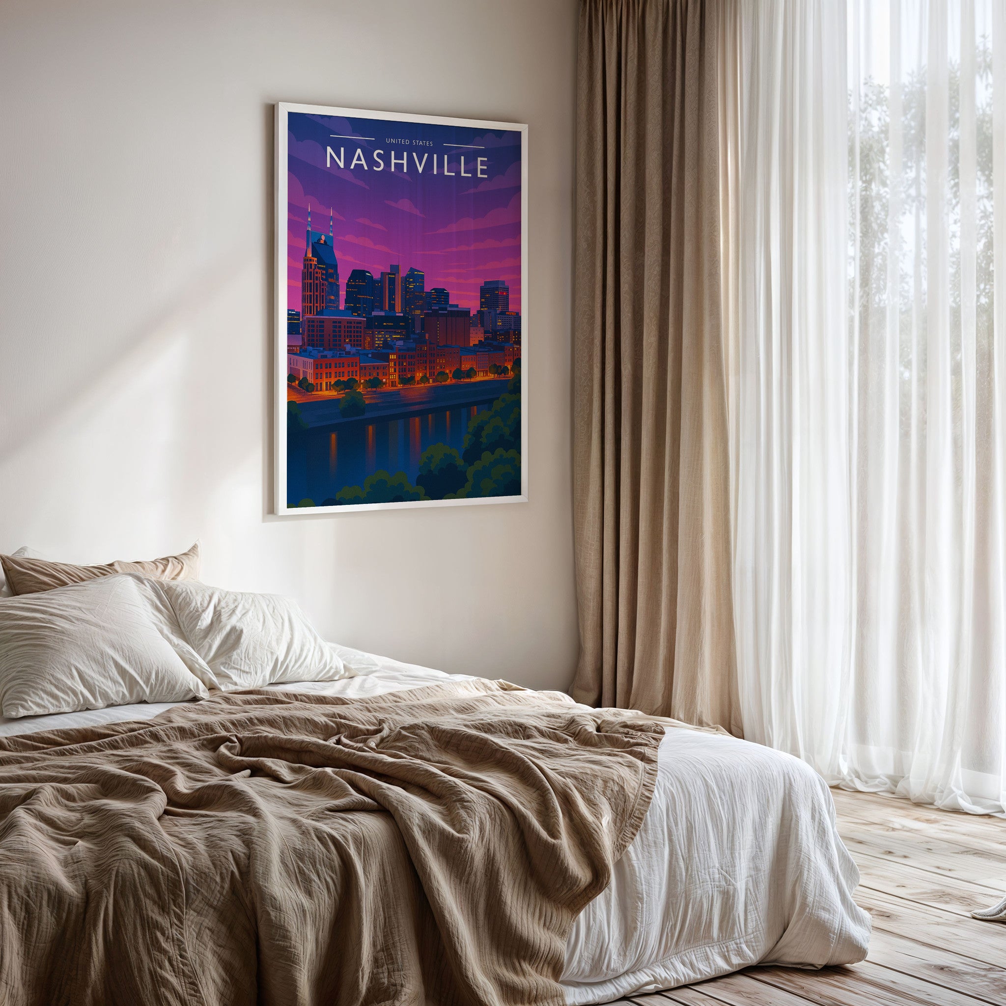 Nashville #2 Travel Poster framed on a bedroom wall