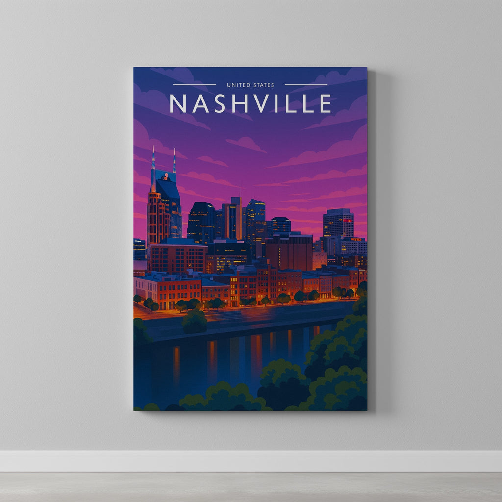 Nashville #2 Travel Poster as a gallery-wrapped canvas on a plain wall