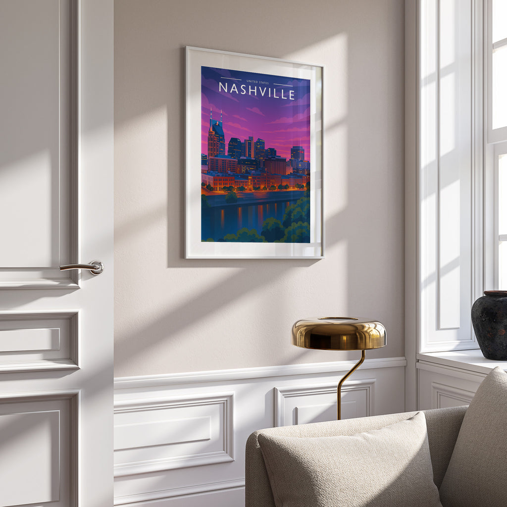 Nashville #2 Travel Poster in a white frame on a panelled wall