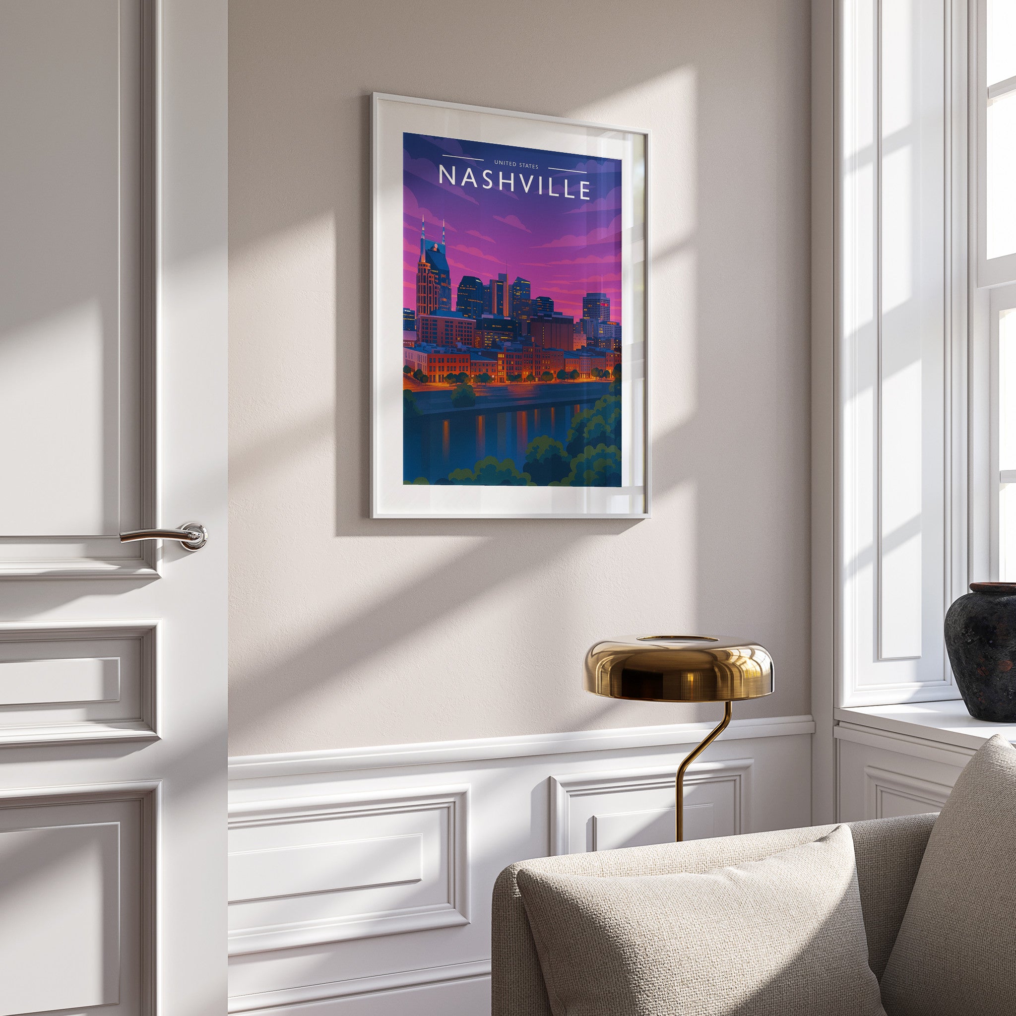 Nashville #2 Travel Poster in a white frame on a panelled wall