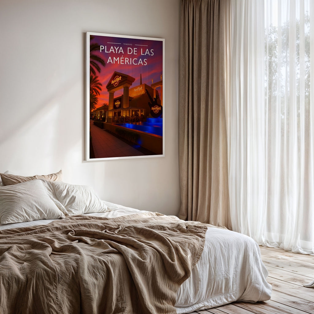 Playa de las Américas Travel Poster framed on a bedroom wall