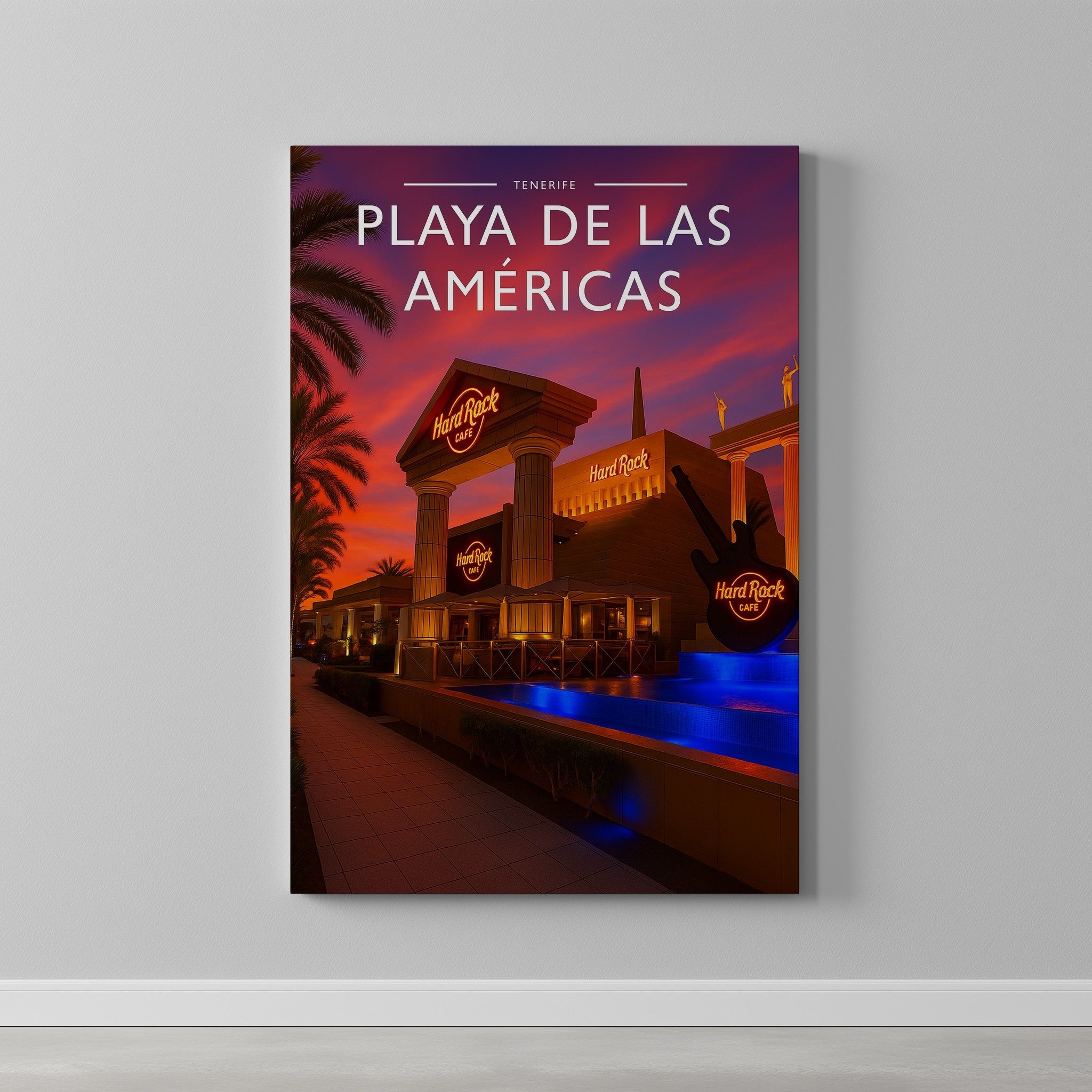 Playa de las Américas Travel Poster as a gallery-wrapped canvas on a plain wall