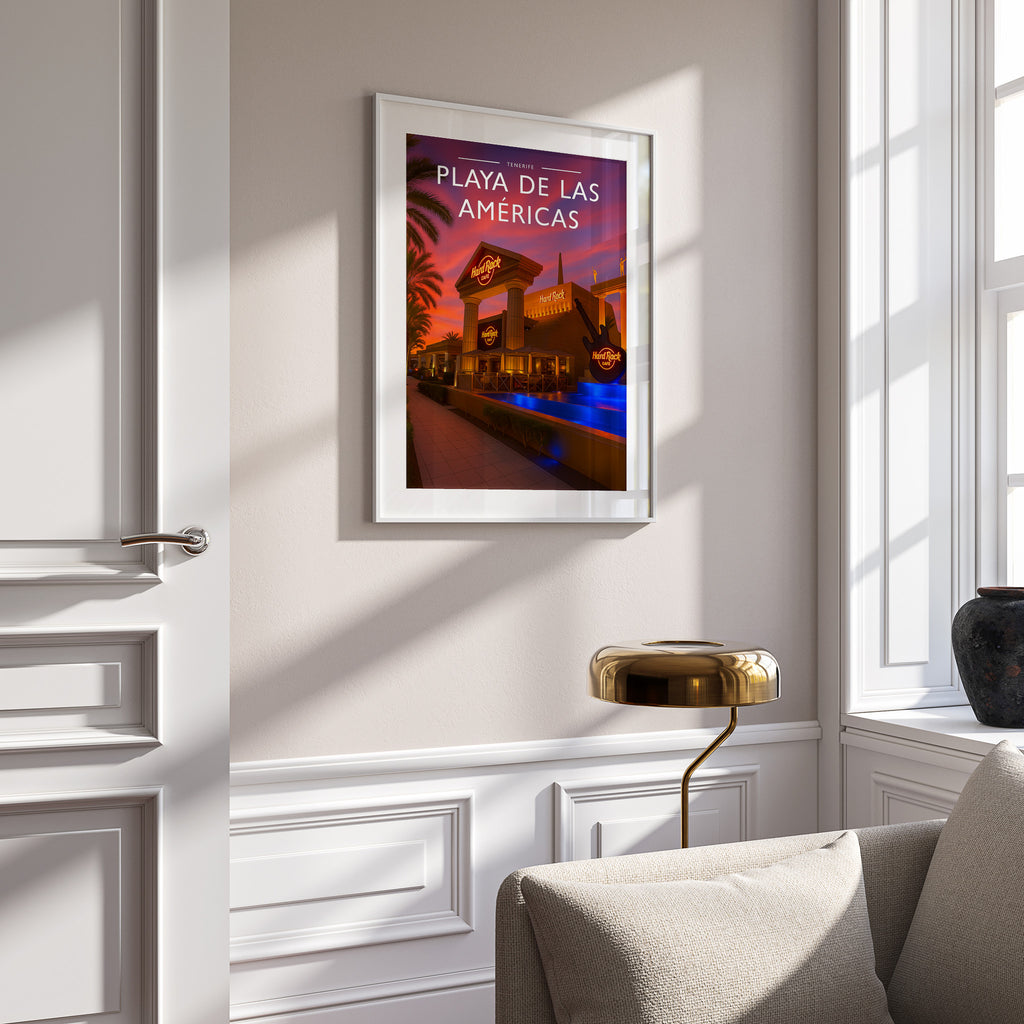 Playa de las Américas Travel Poster in a white frame on a panelled wall